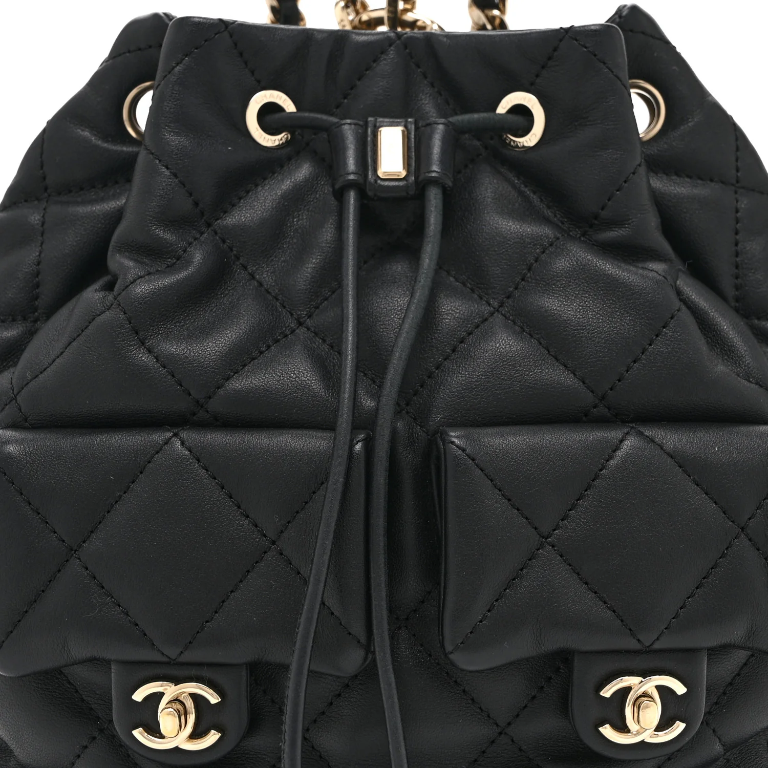Lambskin Quilted Double Pocket Drawstring Backpack Black - Image 8