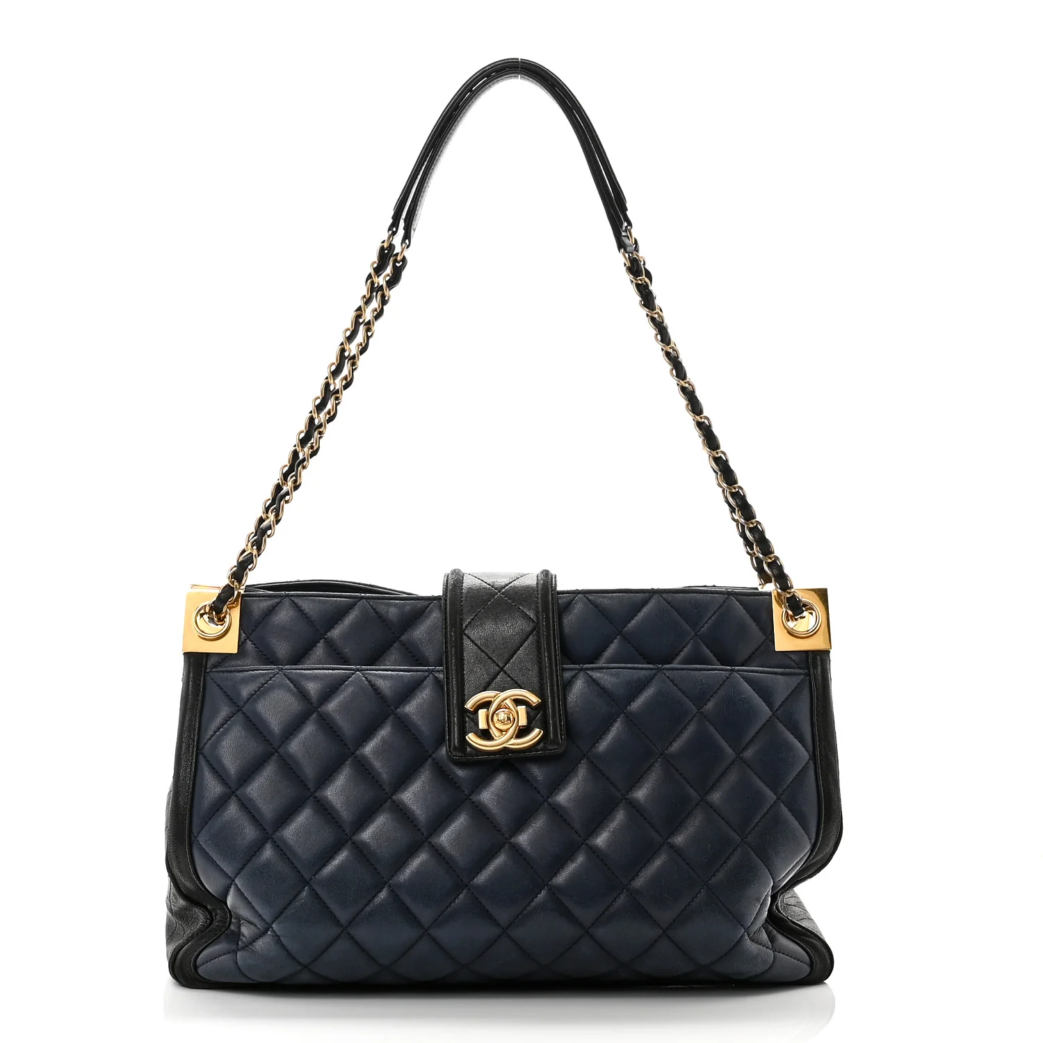Lambskin Quilted Elegant CC Shopping Tote Navy Black