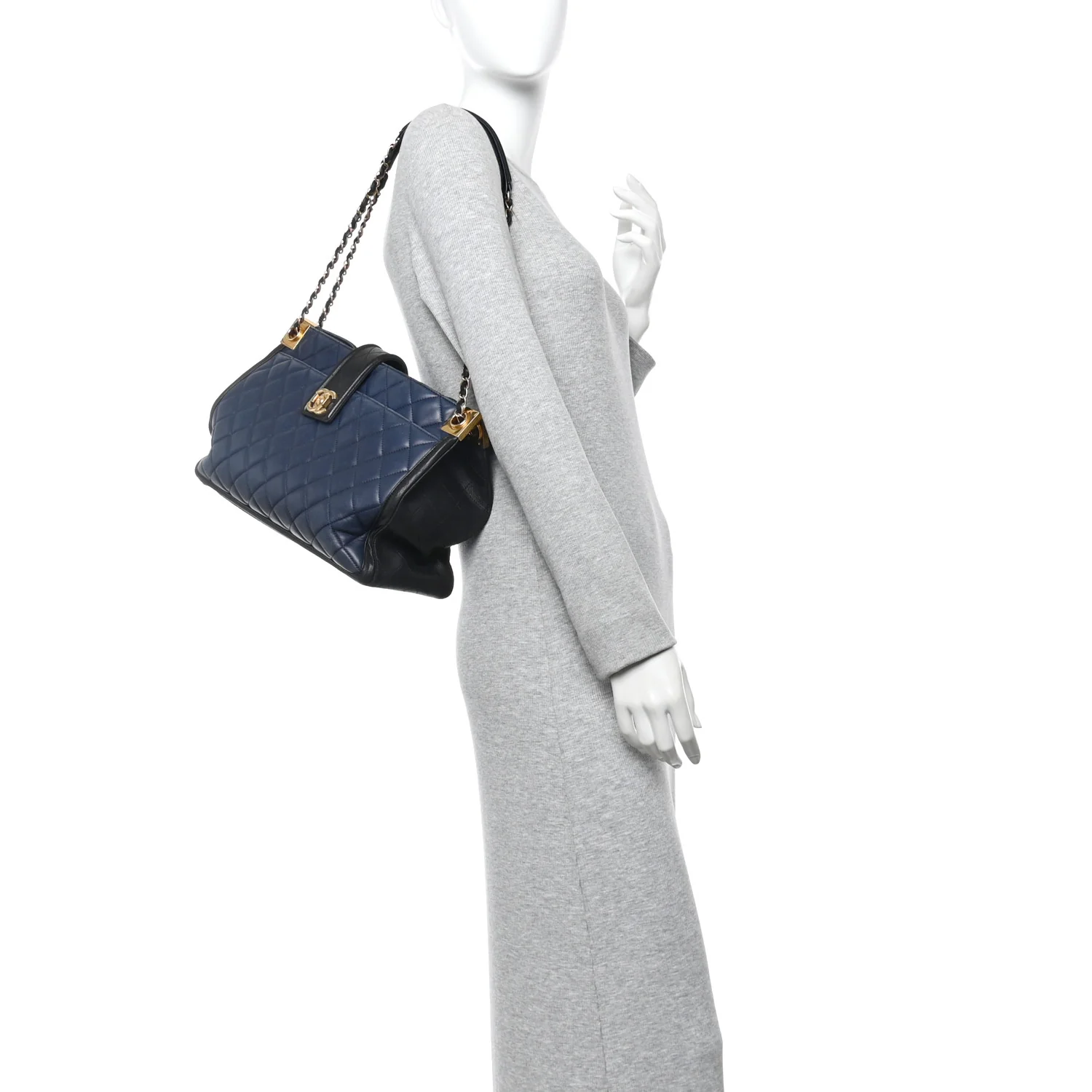 Lambskin Quilted Elegant CC Shopping Tote Navy Black - Image 2