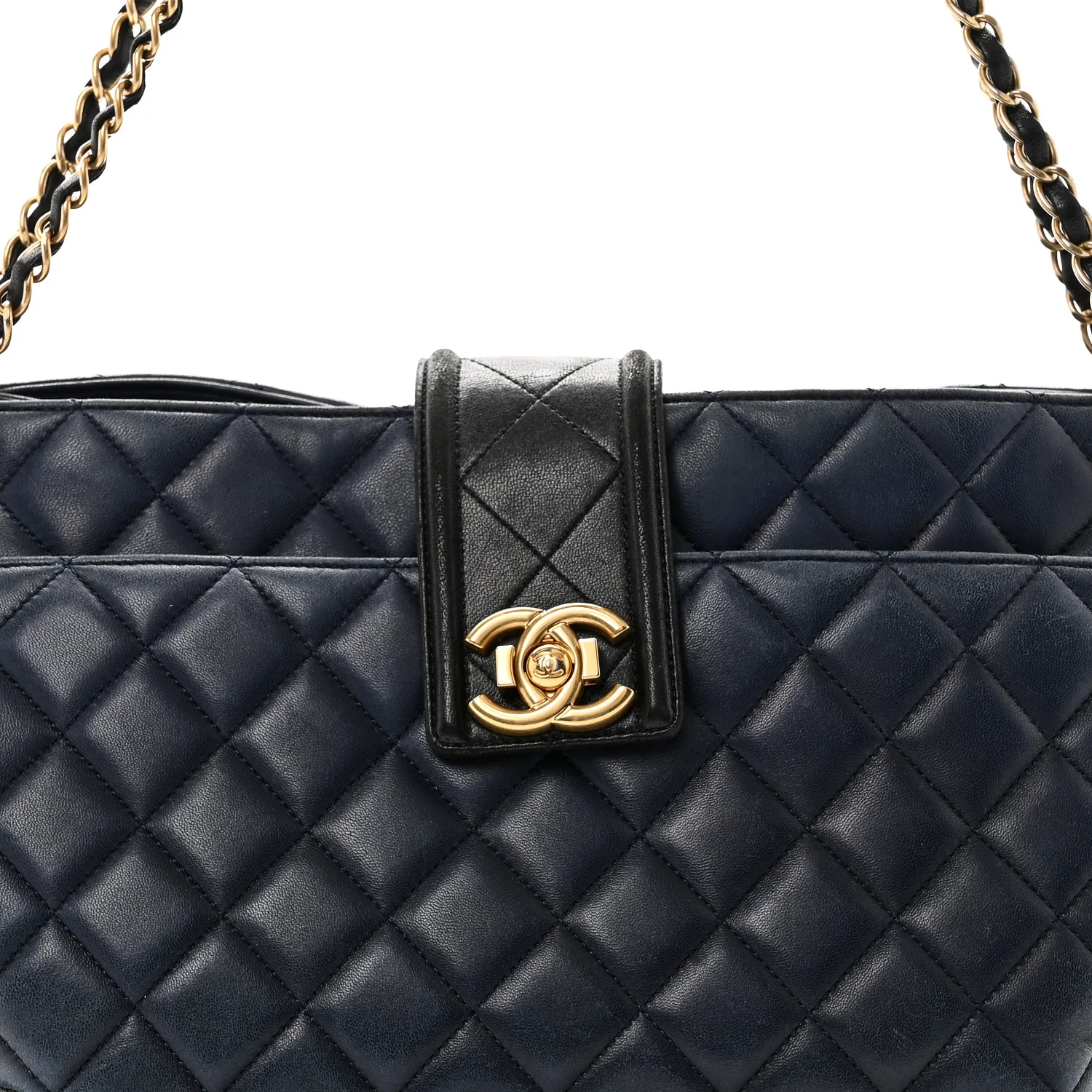 Lambskin Quilted Elegant CC Shopping Tote Navy Black - Image 8