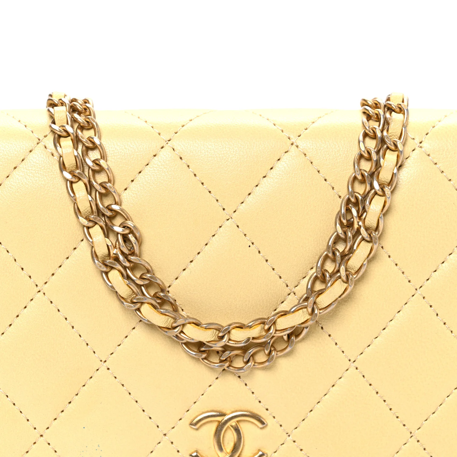 Lambskin Quilted Enamel Wallet On Chain WOC Yellow - Image 9