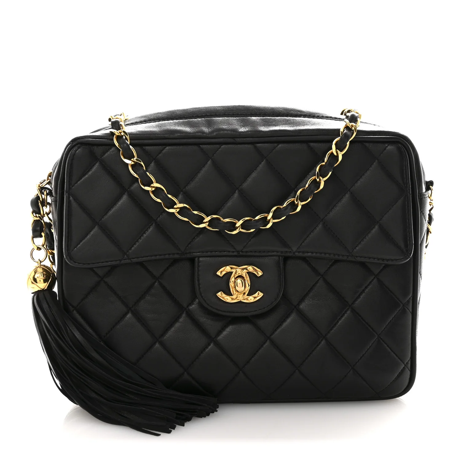 Lambskin Quilted Flap Camera Tassel Case Black