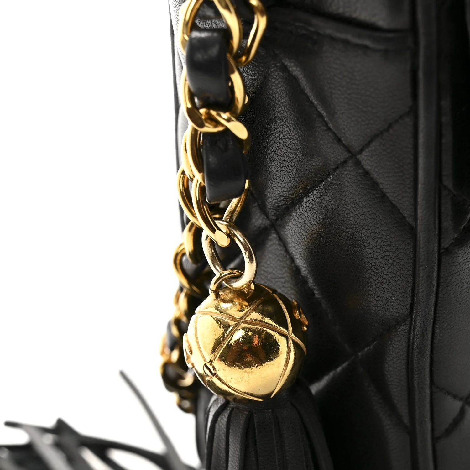 Lambskin Quilted Flap Camera Tassel Case Black - Image 12