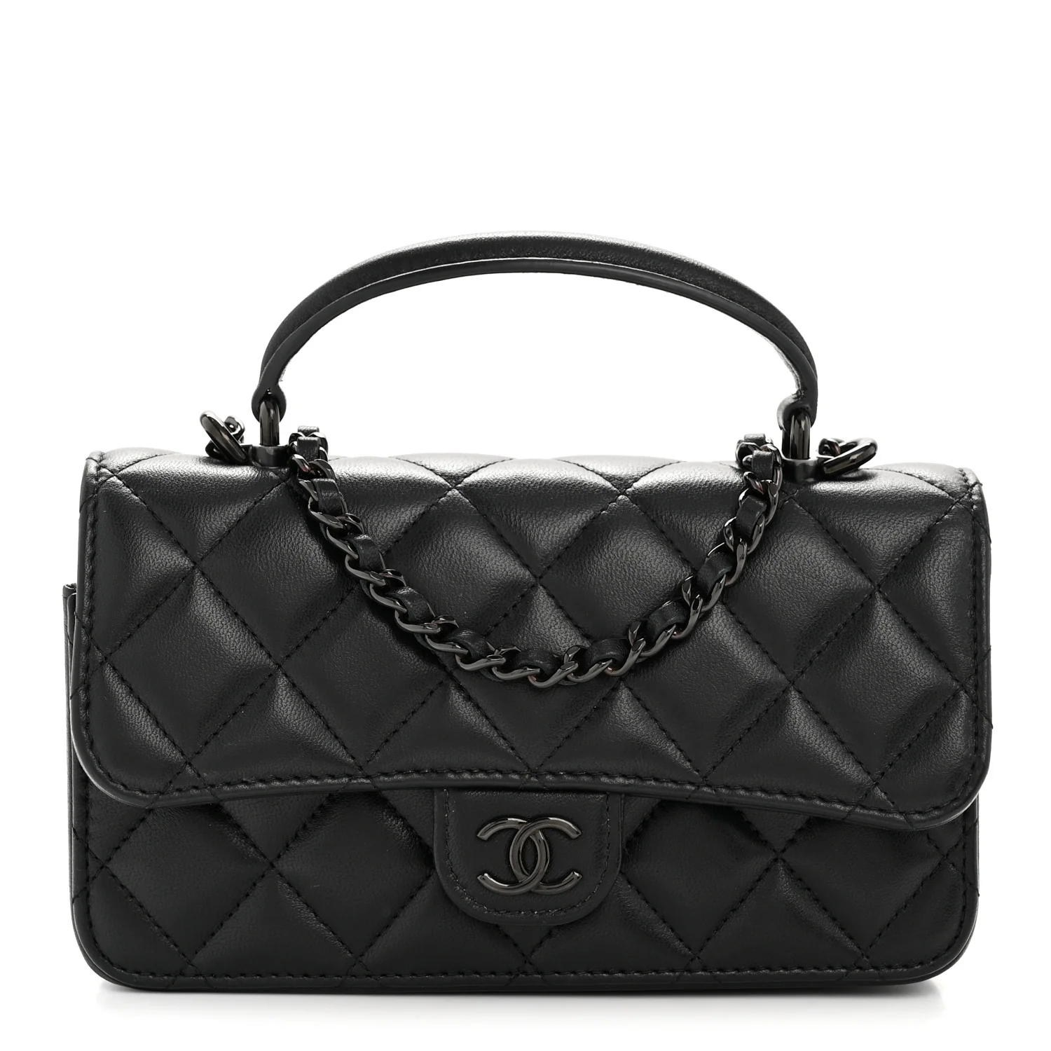 Lambskin Quilted Flap Phone Holder With Chain So Black - Image 2