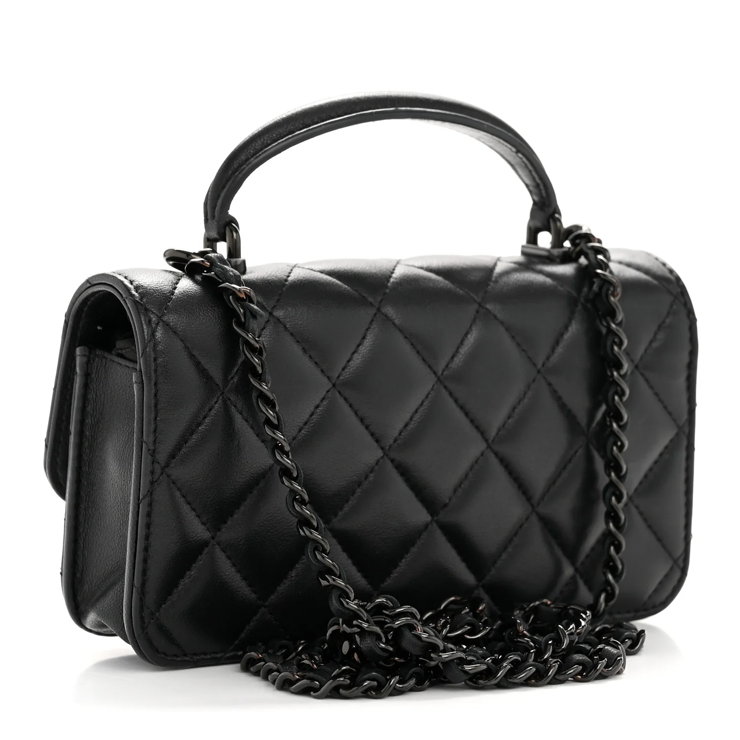Lambskin Quilted Flap Phone Holder With Chain So Black - Image 6
