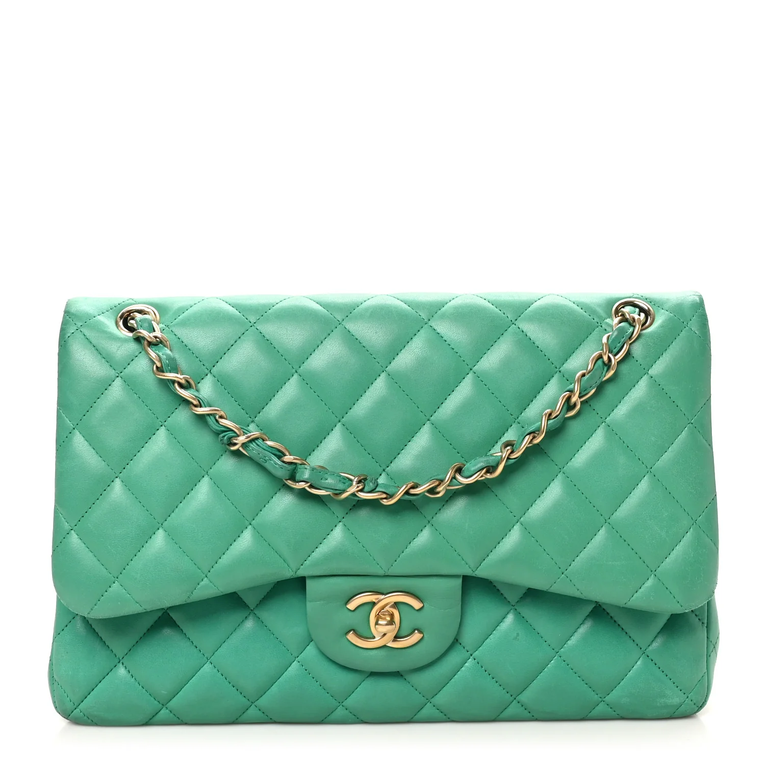 Lambskin Quilted Jumbo Double Flap Green
