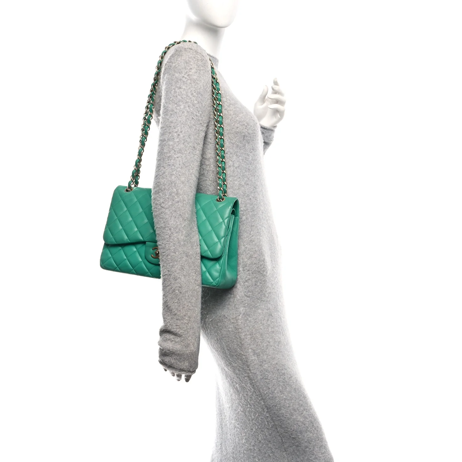 Lambskin Quilted Jumbo Double Flap Green - Image 2