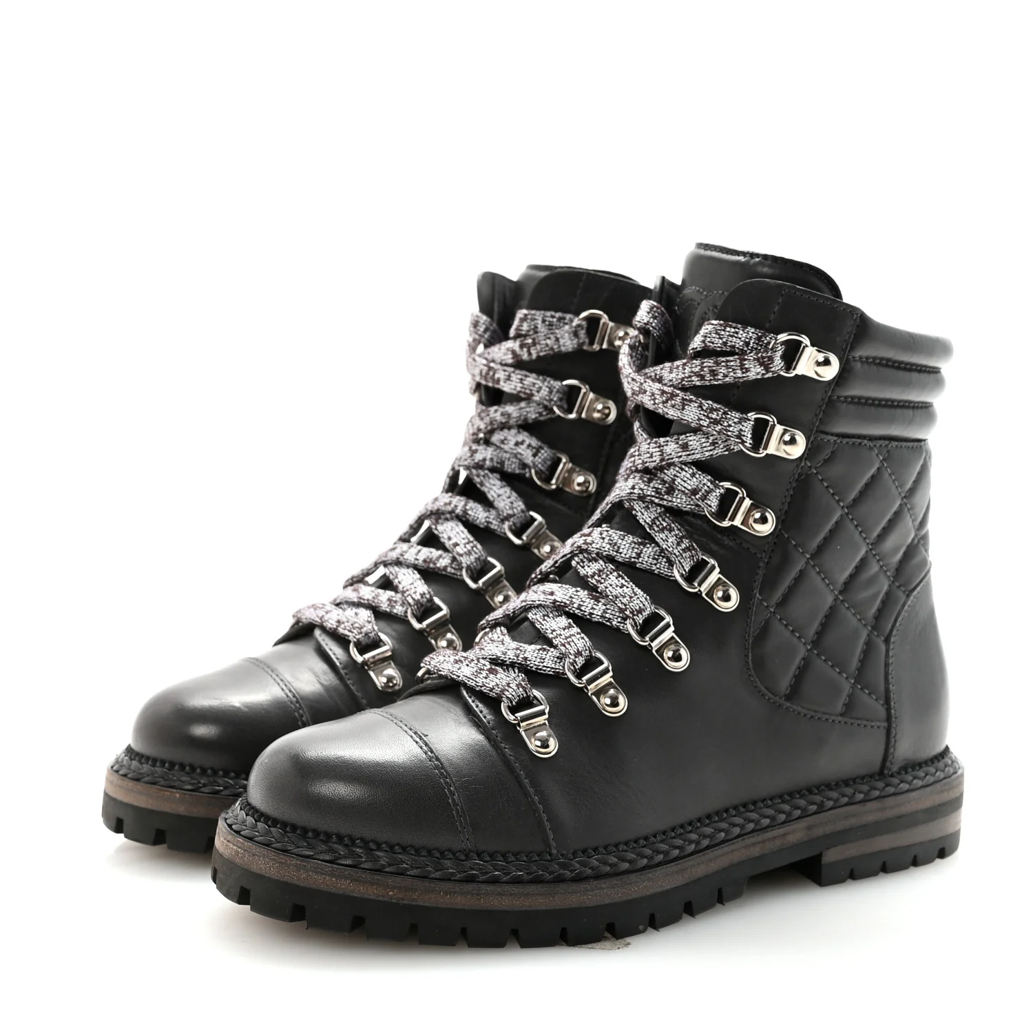 Lambskin Quilted Lace Up Boots 35.5 Grey - Image 4