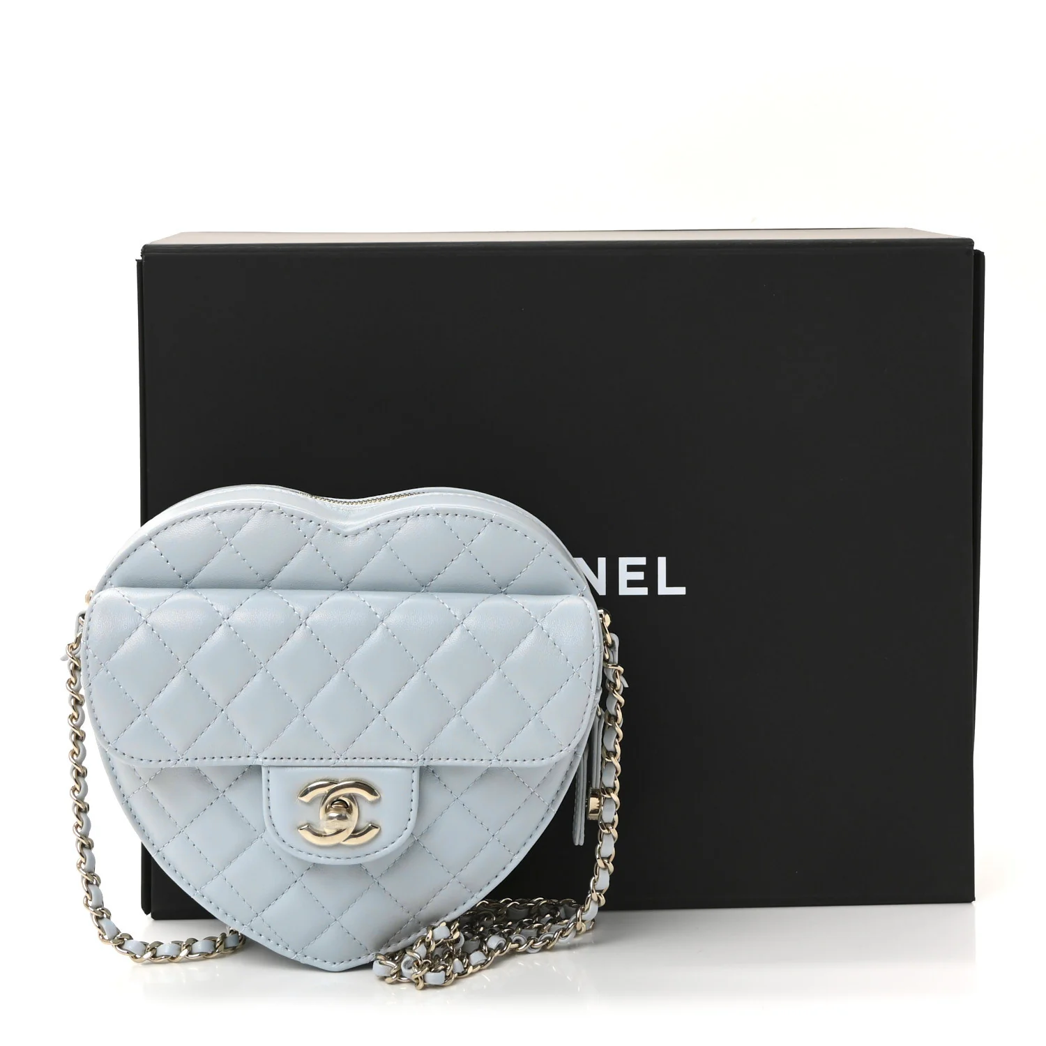 Lambskin Quilted Large CC In Love Heart Bag Light Blue - Image 11