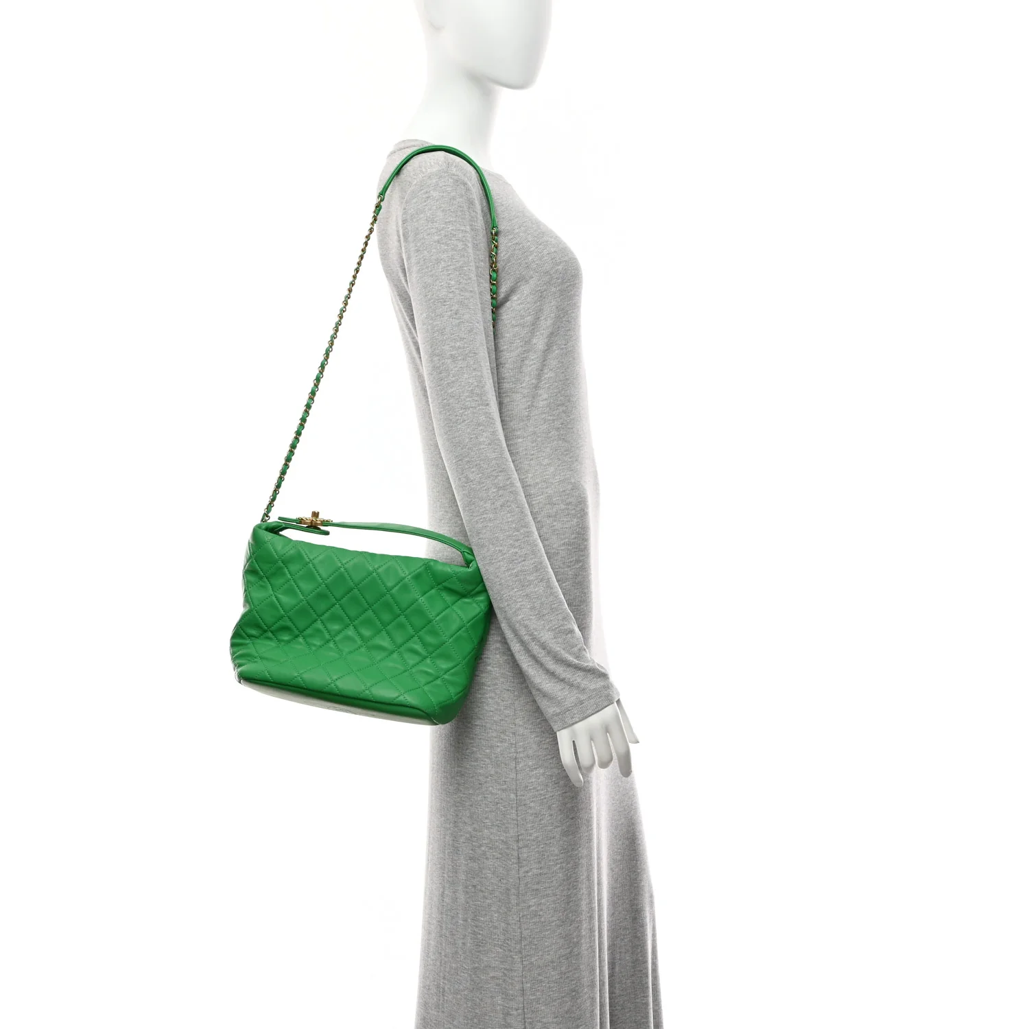 Lambskin Quilted Large Perfect Meeting Hobo Green - Image 2