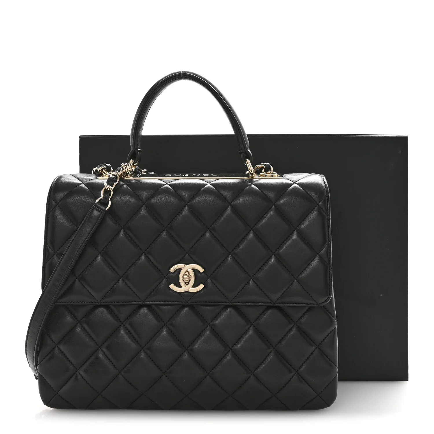 Lambskin Quilted Large Trendy CC Dual Handle Flap Bag Black - Image 15