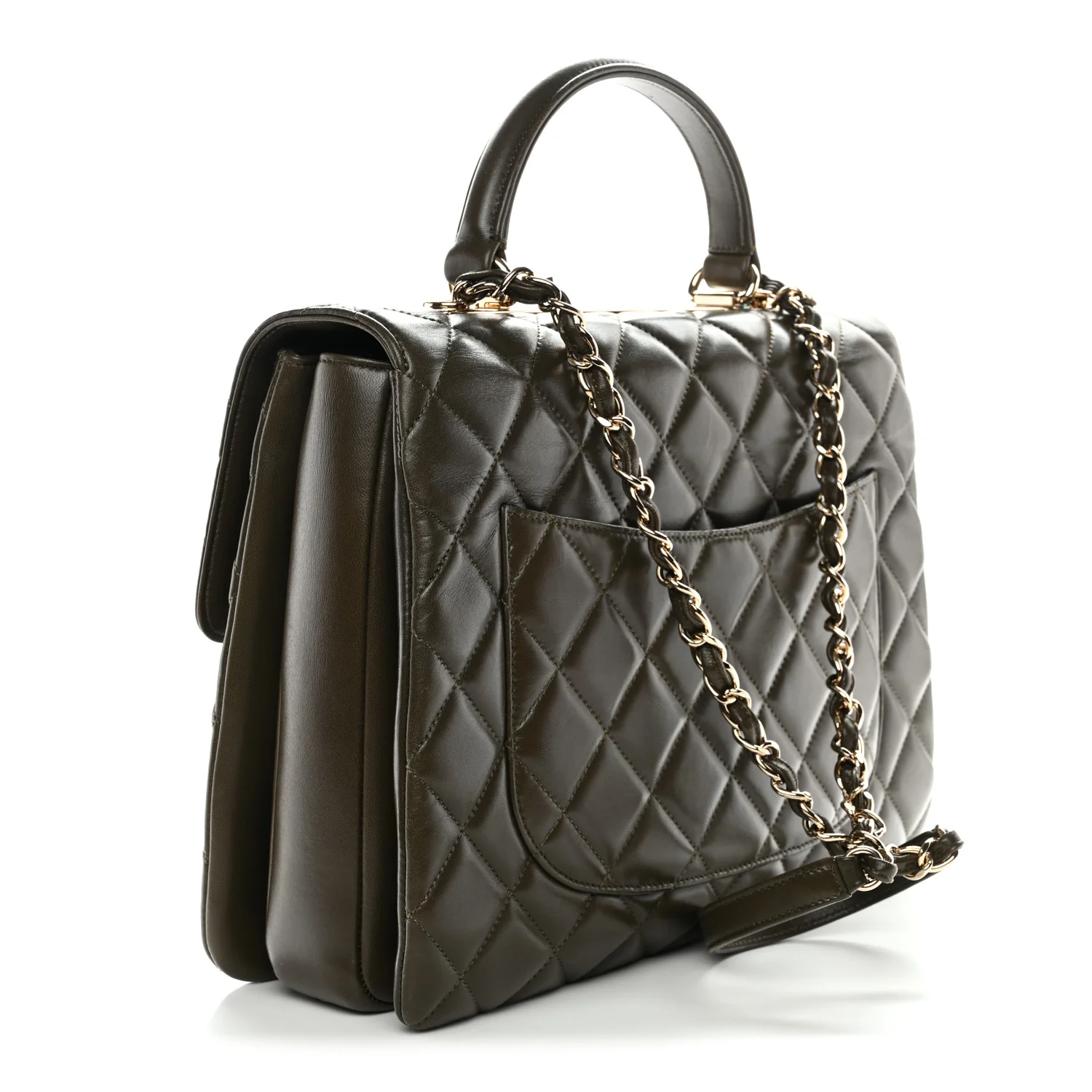 Lambskin Quilted Large Trendy CC Dual Handle Flap Bag Khaki - Image 3