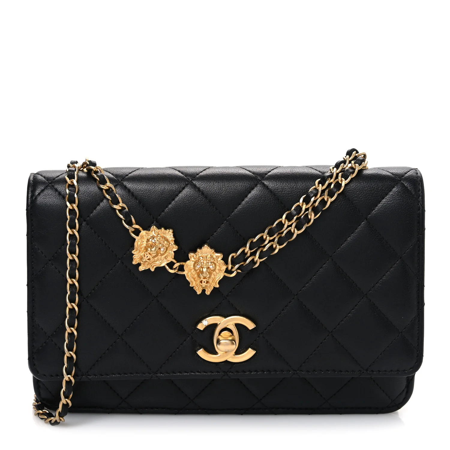 Lambskin Quilted Lion Motif Wallet On Chain WOC Black