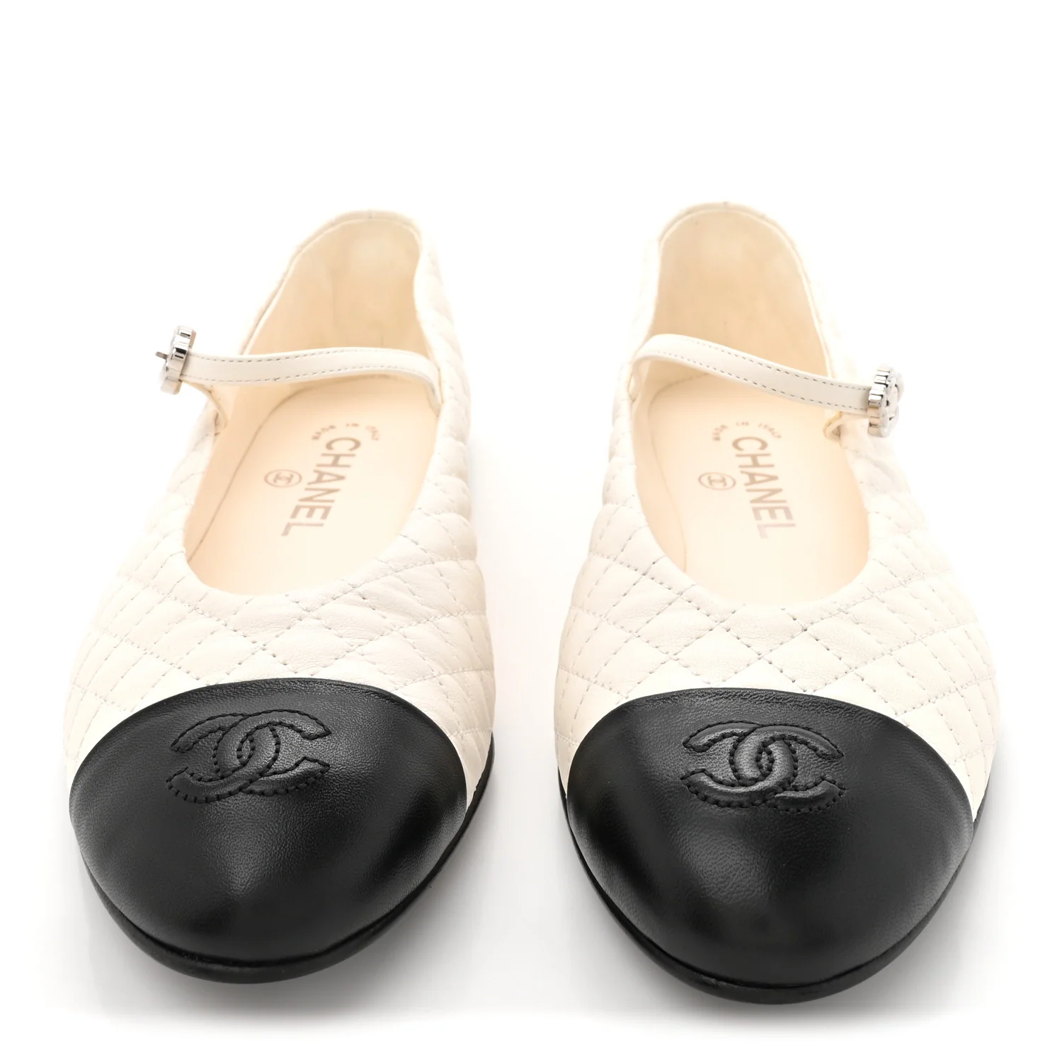 Lambskin Quilted Mary Jane Flats 39 White Black - Image 3