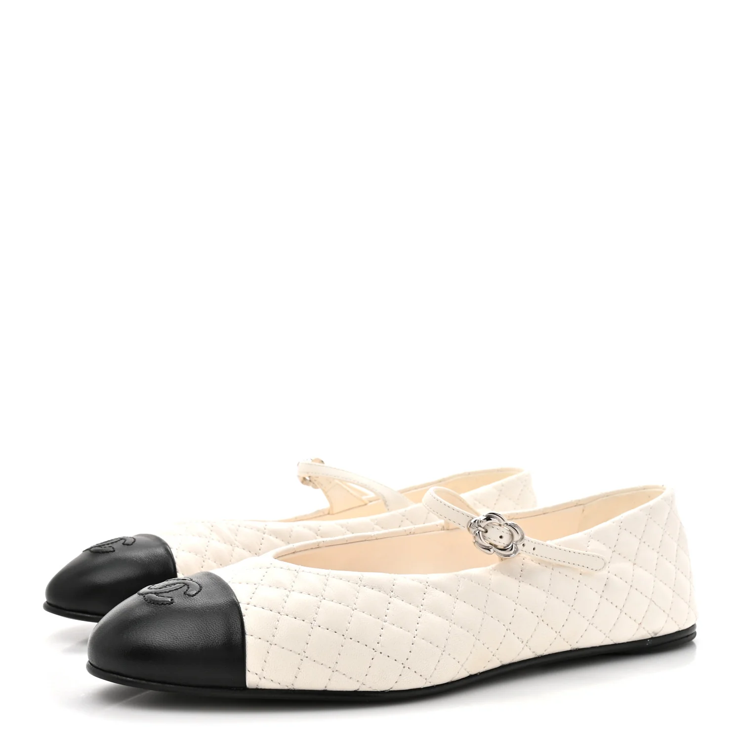 Lambskin Quilted Mary Jane Flats 39 White Black - Image 4