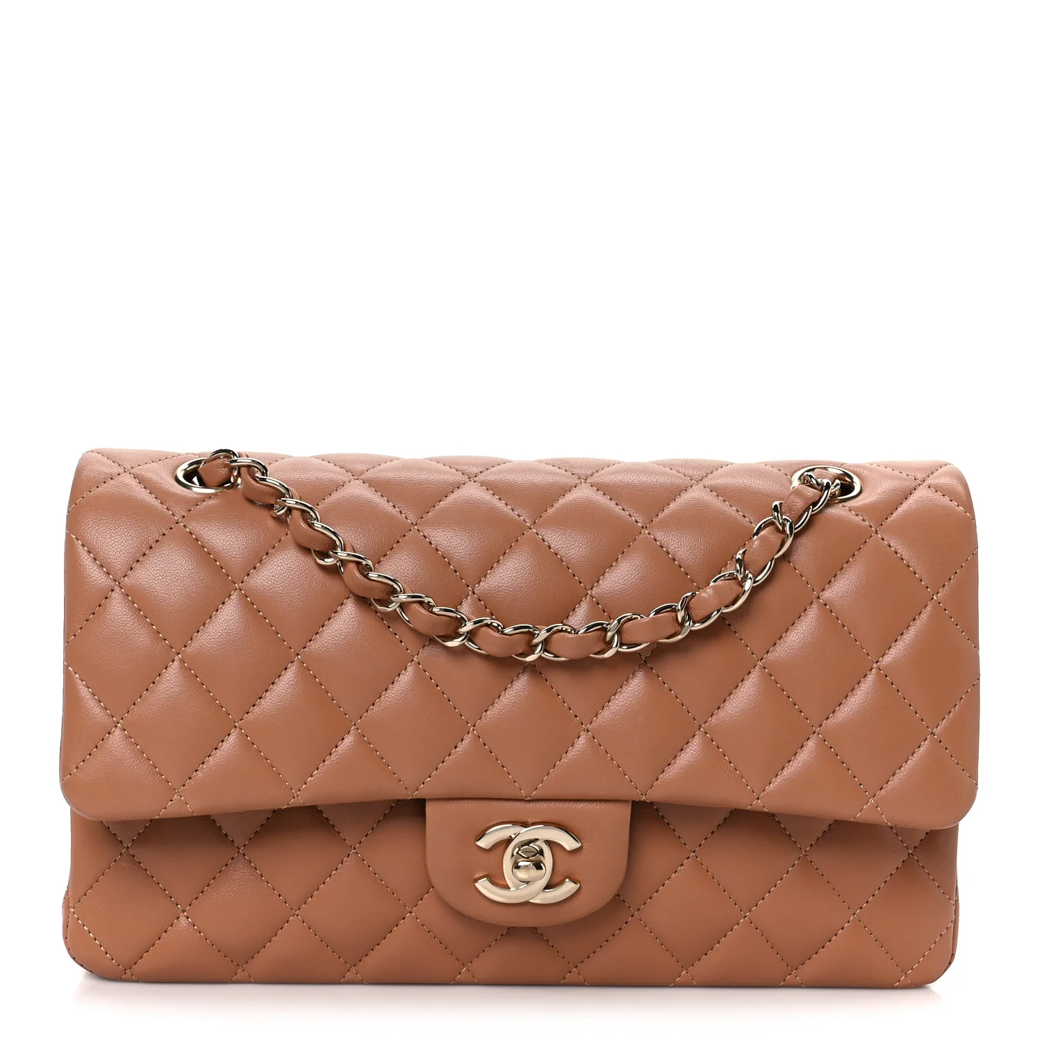Lambskin Quilted Medium Double Flap Brown