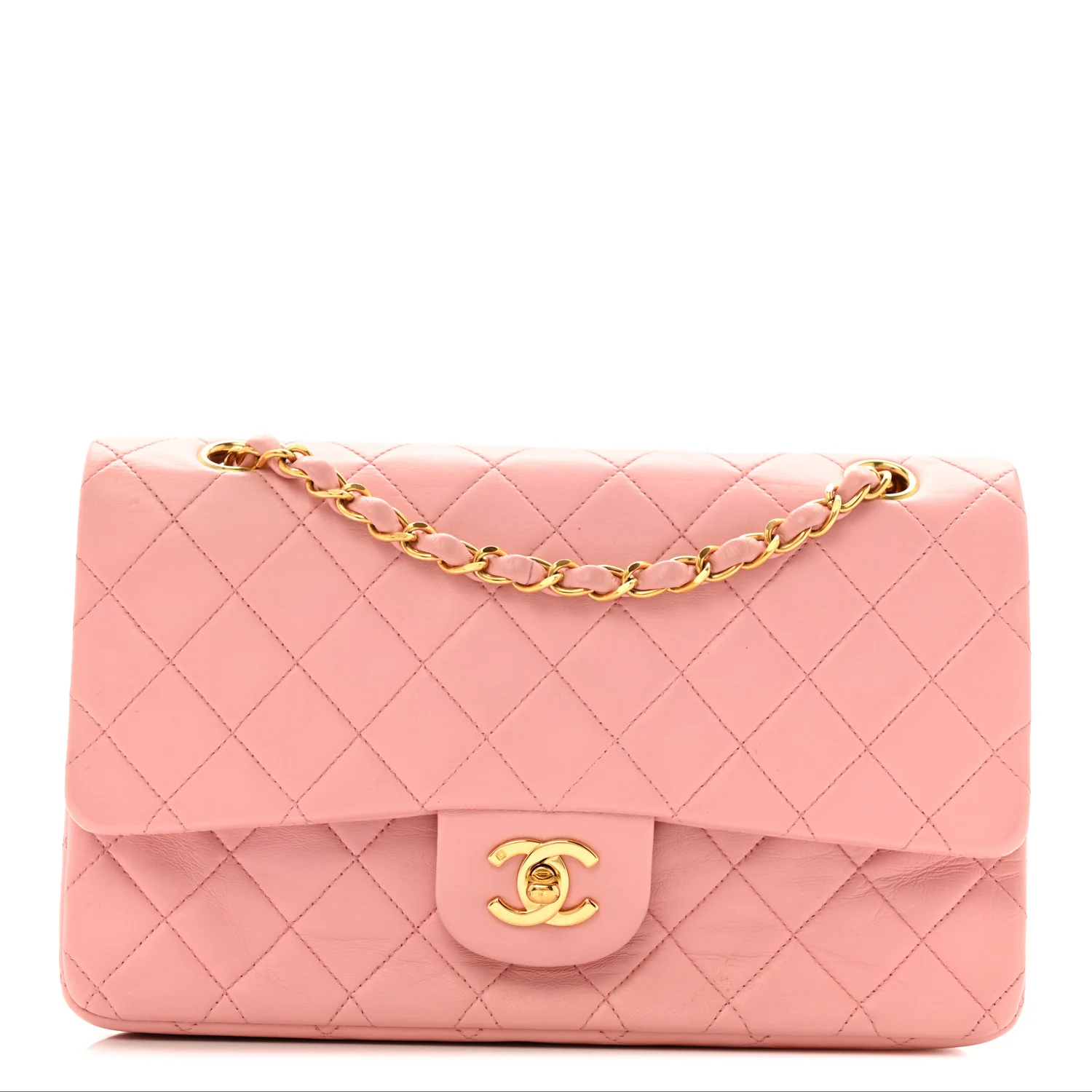 Lambskin Quilted Medium Double Flap Light Pink