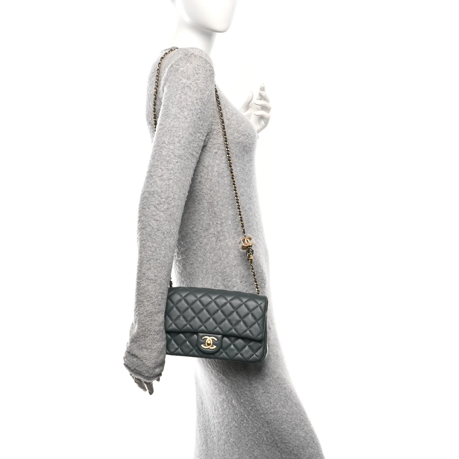 Lambskin Quilted Medium Rectangular CC Slide Flap Grey - Image 2