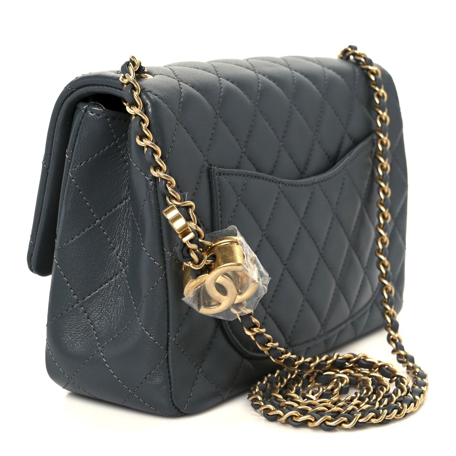 Lambskin Quilted Medium Rectangular CC Slide Flap Grey - Image 3
