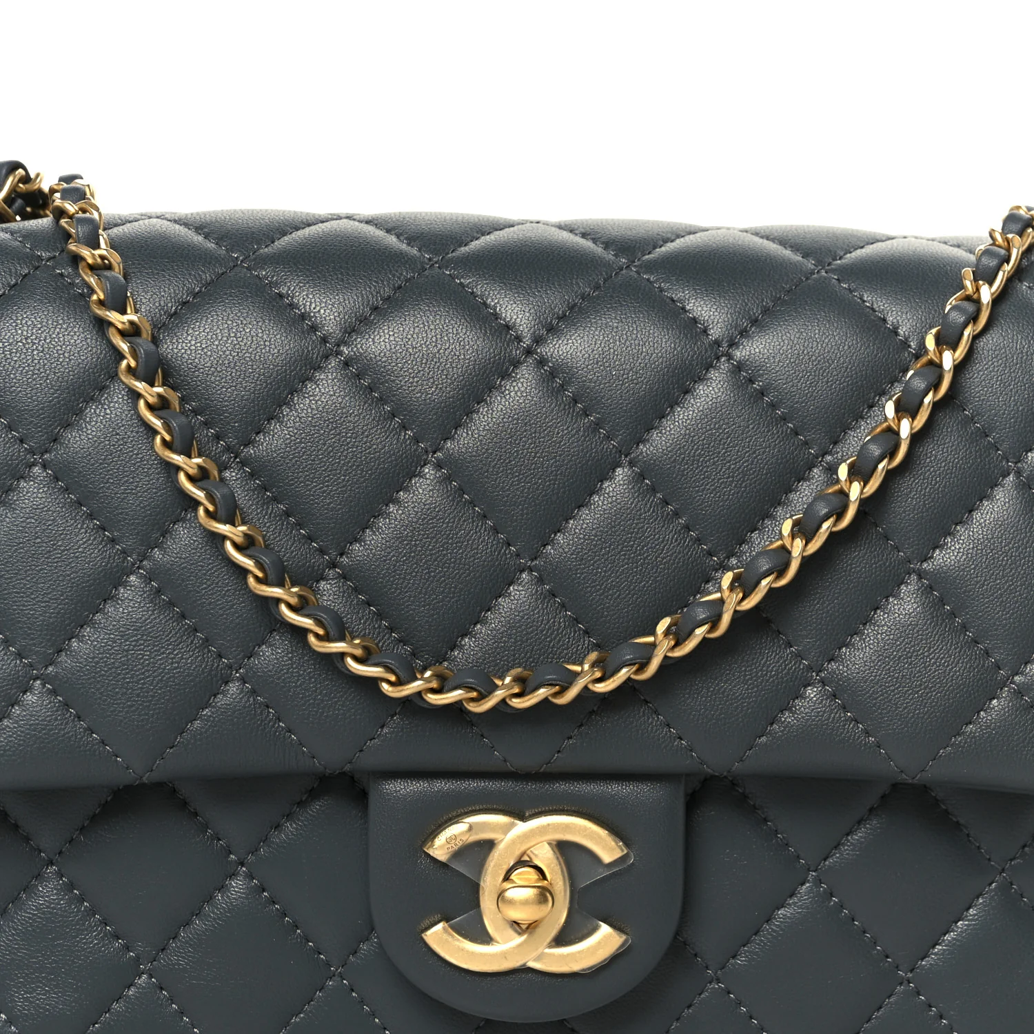 Lambskin Quilted Medium Rectangular CC Slide Flap Grey - Image 9