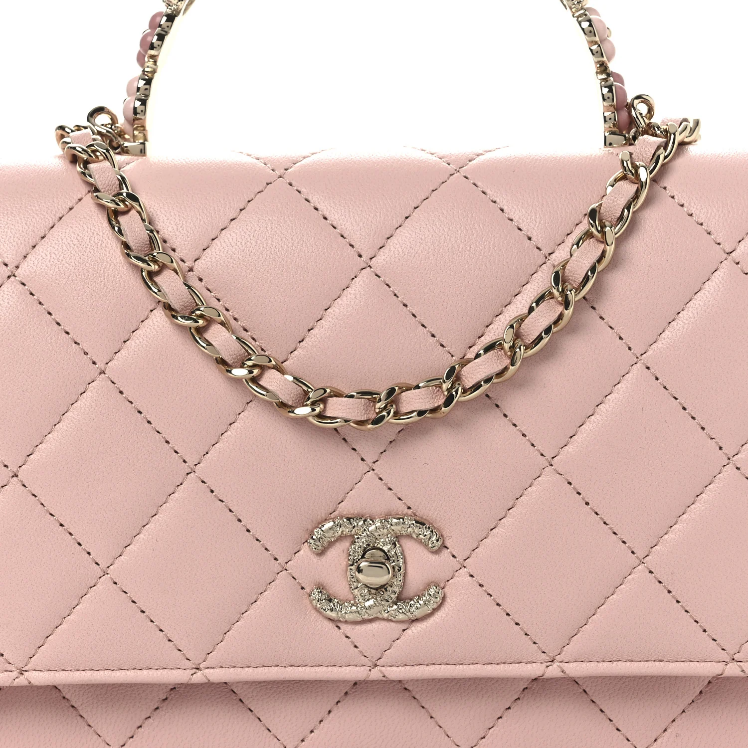 Lambskin Quilted Metal Enamel Flower Top Handle Wallet On Chain WOC Light Pink - Image 9