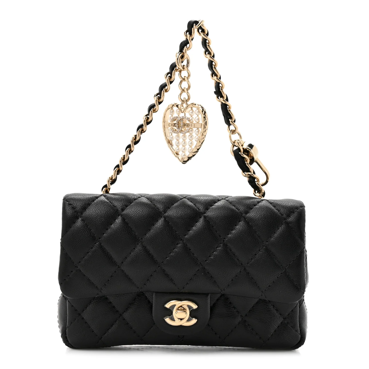 Lambskin Quilted Mini Flap Bag Charm With Hook Black