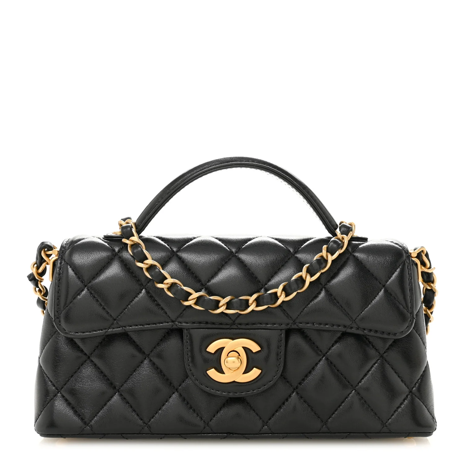 Lambskin Quilted Mini Flap Top Handle Bag Black