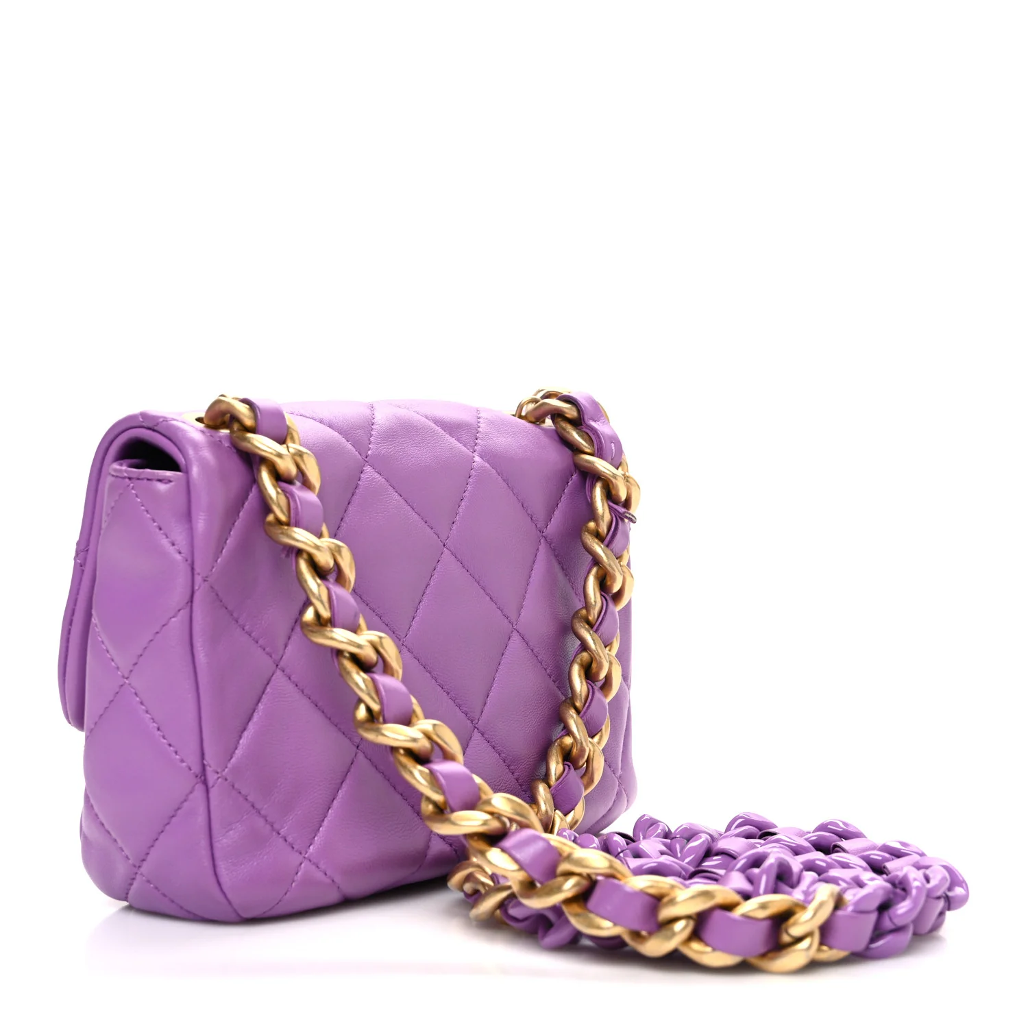 Lambskin Quilted Mini Lacquered Chain Flap Purple - Image 3