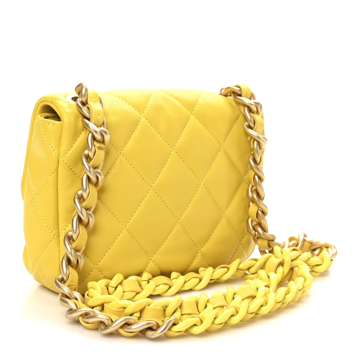Lambskin Quilted Mini Lacquered Chain Flap Yellow - Image 3