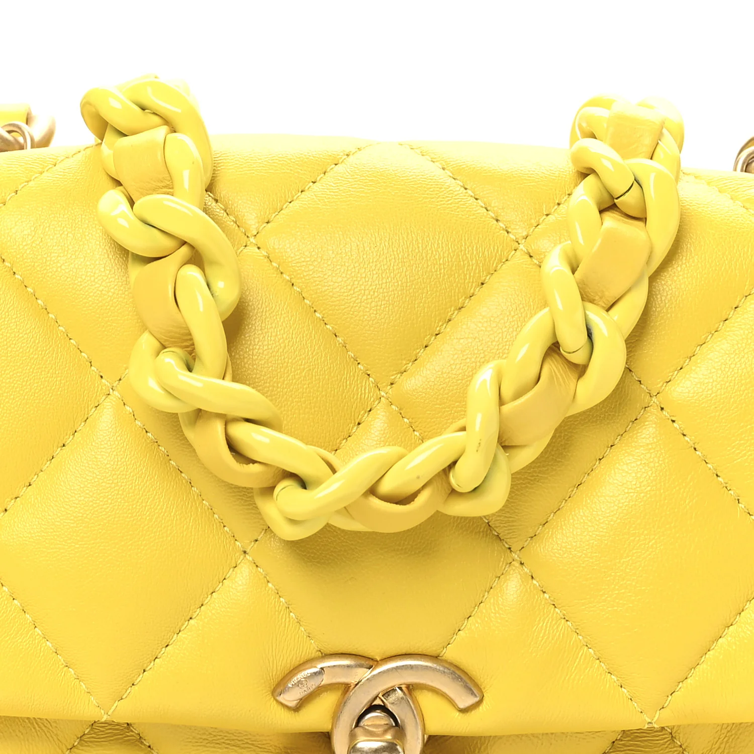 Lambskin Quilted Mini Lacquered Chain Flap Yellow - Image 8