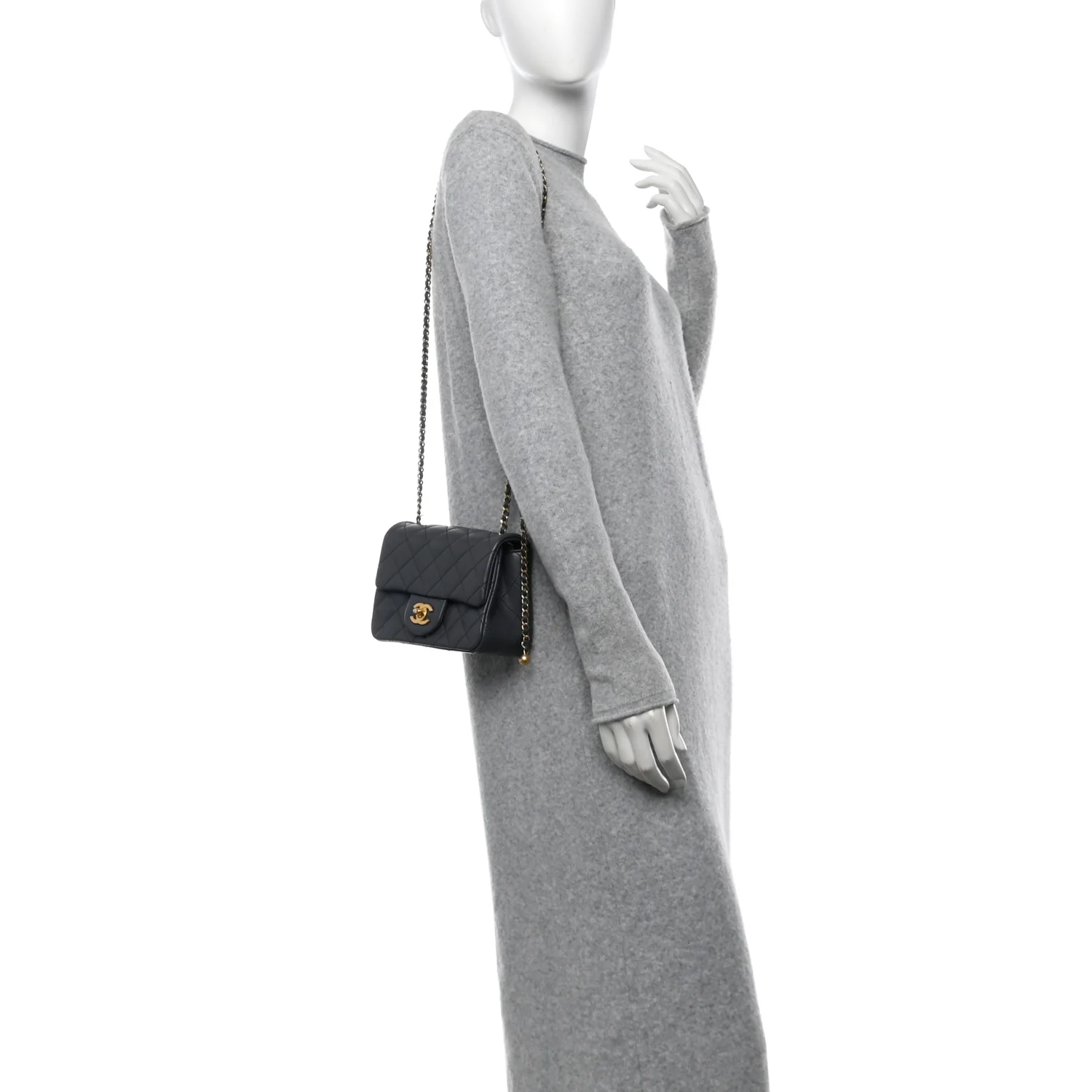 Lambskin Quilted Mini Pearl Crush Flap Dark Grey - Image 2