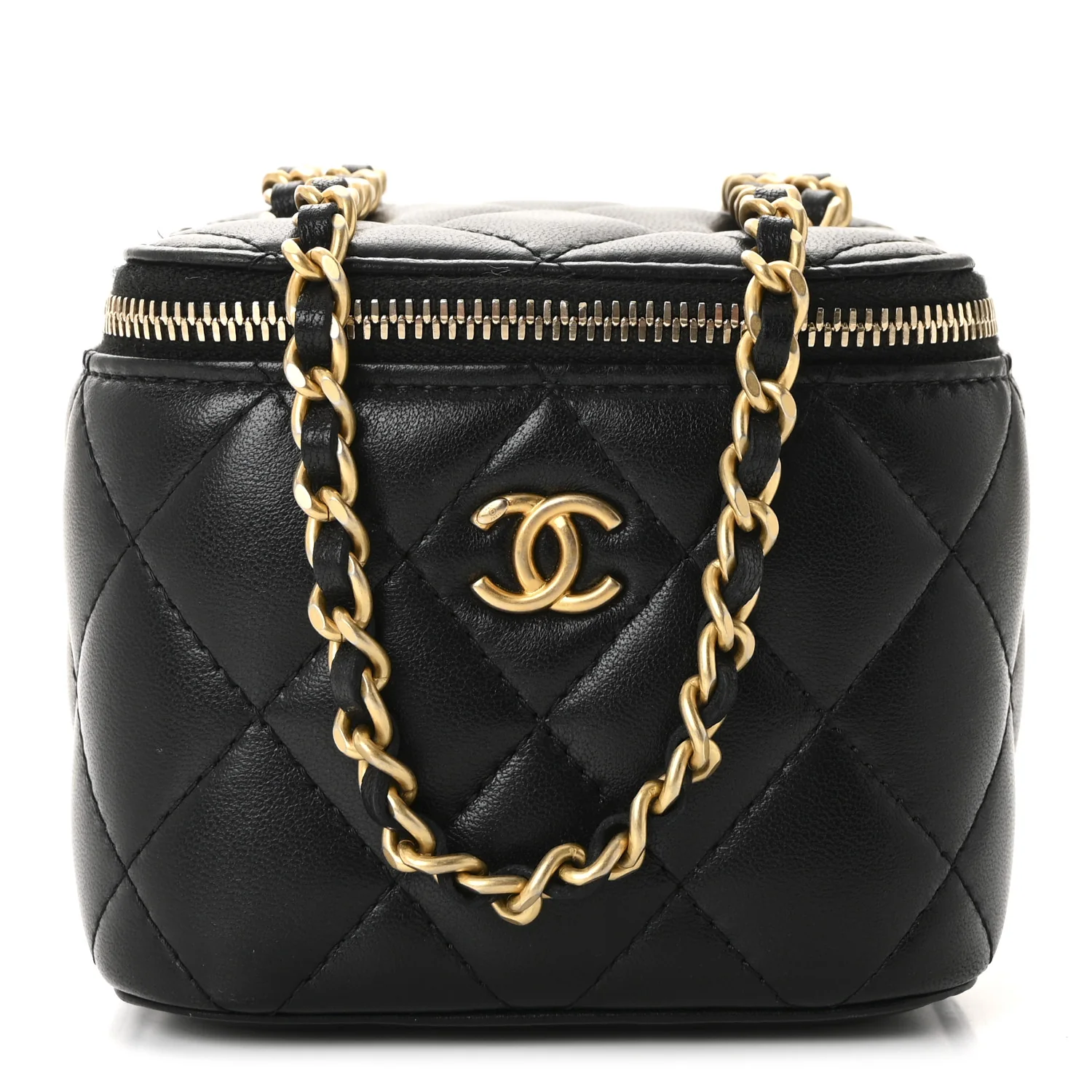 Lambskin Quilted Mini Pearl Crush Vanity Case With Chain Black