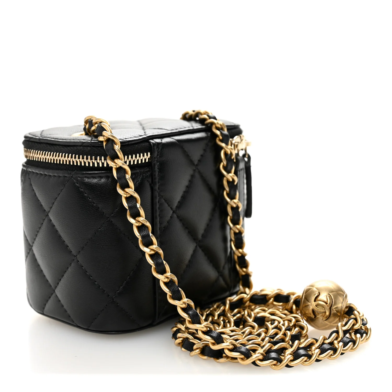 Lambskin Quilted Mini Pearl Crush Vanity Case With Chain Black - Image 3