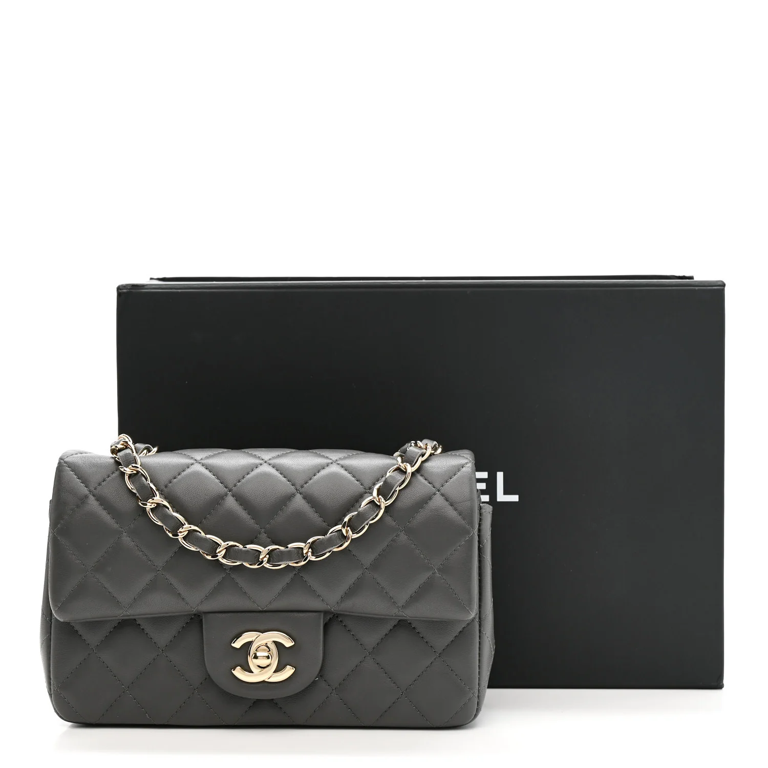 Lambskin Quilted Mini Rectangular Flap Dark Grey - Image 13