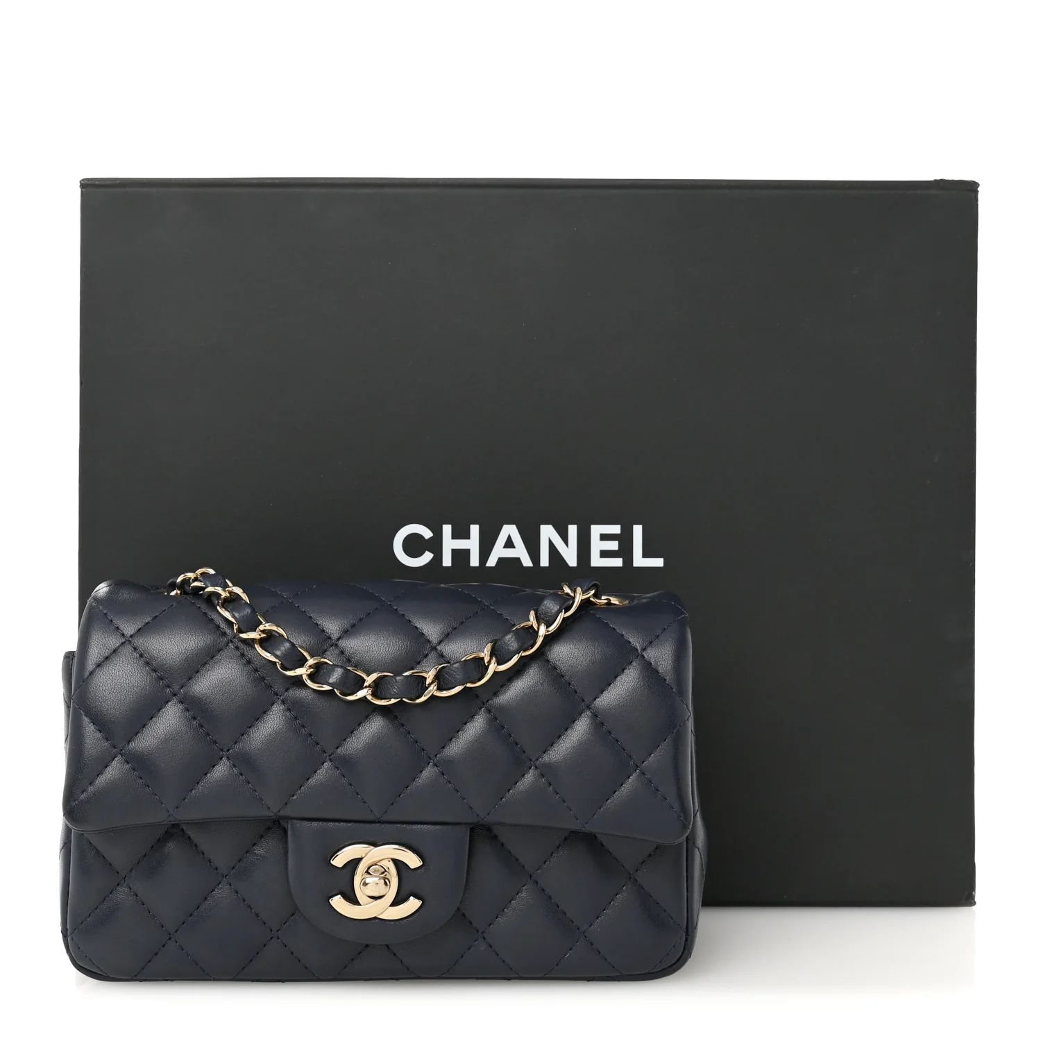 Lambskin Quilted Mini Rectangular Flap Dark Navy Blue - Image 13