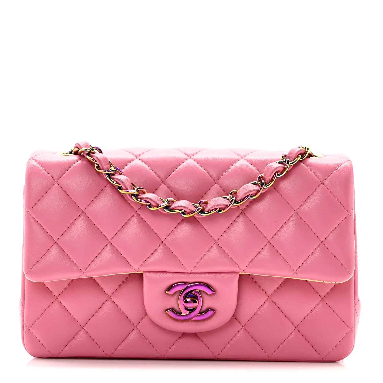 Lambskin Quilted Mini Rectangular Flap Pink Yellow
