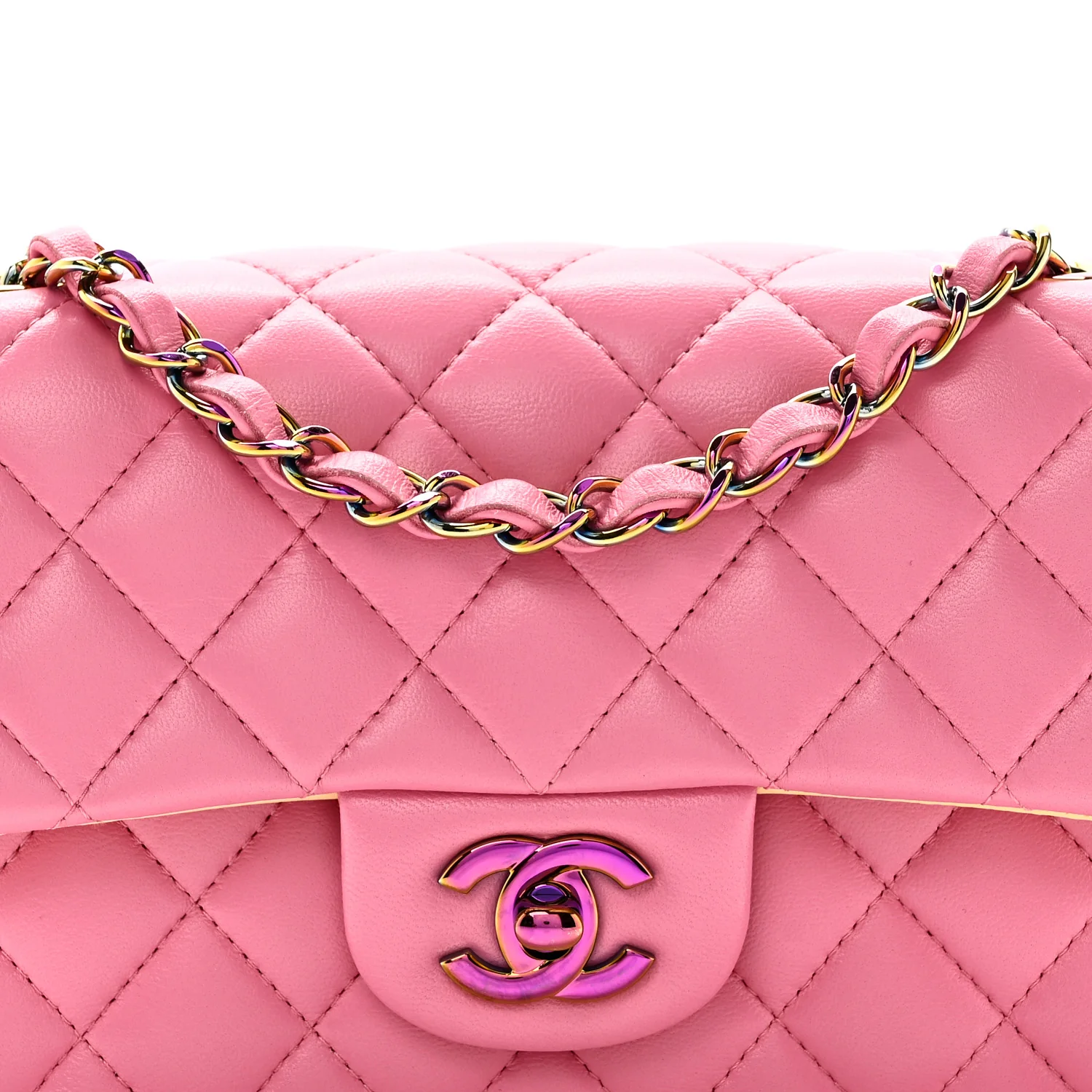 Lambskin Quilted Mini Rectangular Flap Pink Yellow - Image 8