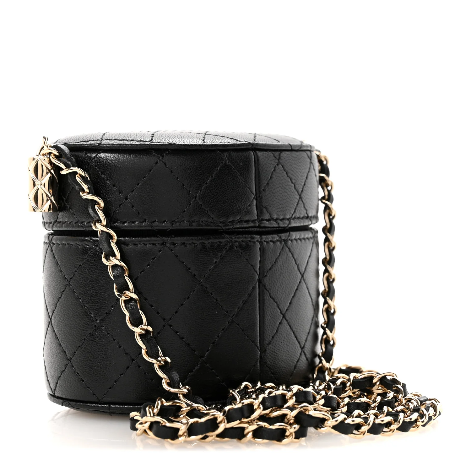 Lambskin Quilted Mini Round Vanity Case With Chain Black - Image 3