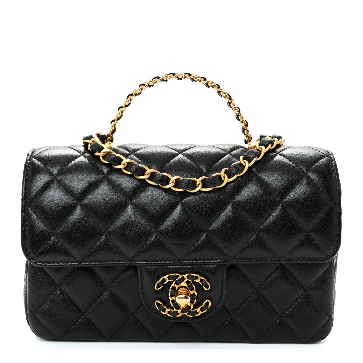 Lambskin Quilted Mini Strass On Top Flap Black