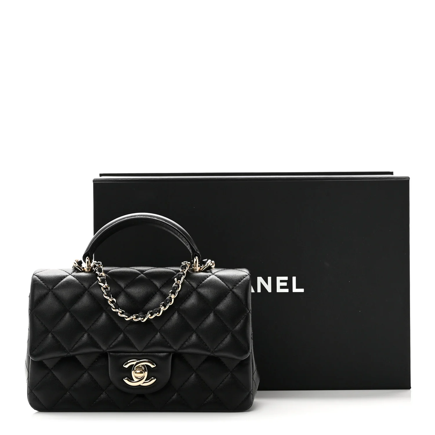 Lambskin Quilted Mini Top Handle Rectangular Flap Black - Image 11