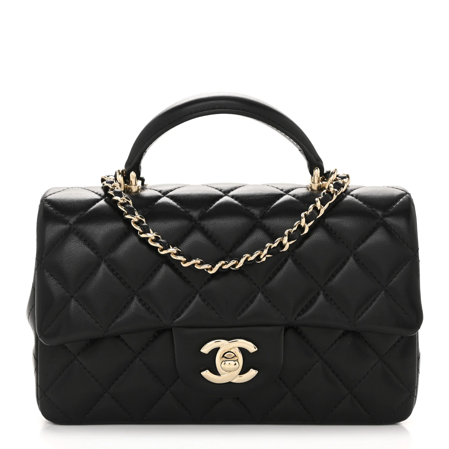 Lambskin Quilted Mini Top Handle Rectangular Flap Black