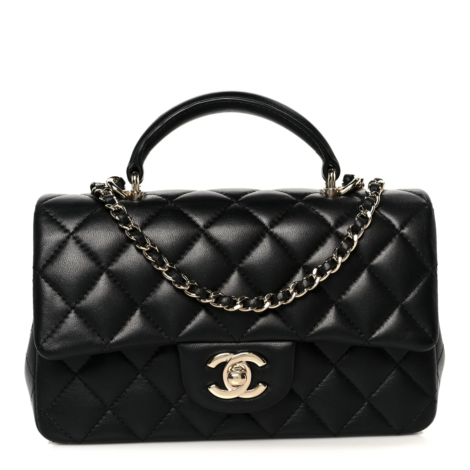 Lambskin Quilted Mini Top Handle Rectangular Flap Black