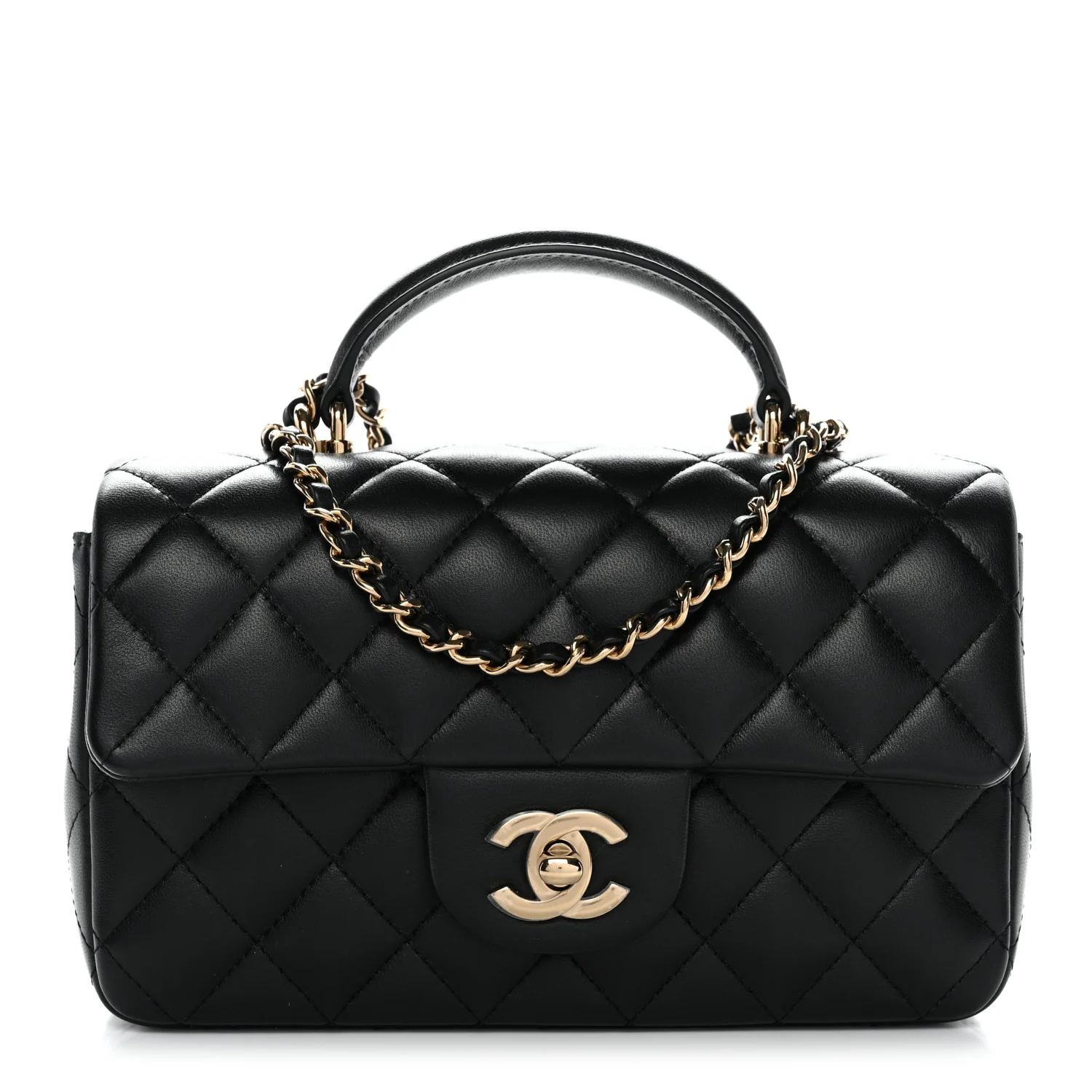 Lambskin Quilted Mini Top Handle Rectangular Flap Black