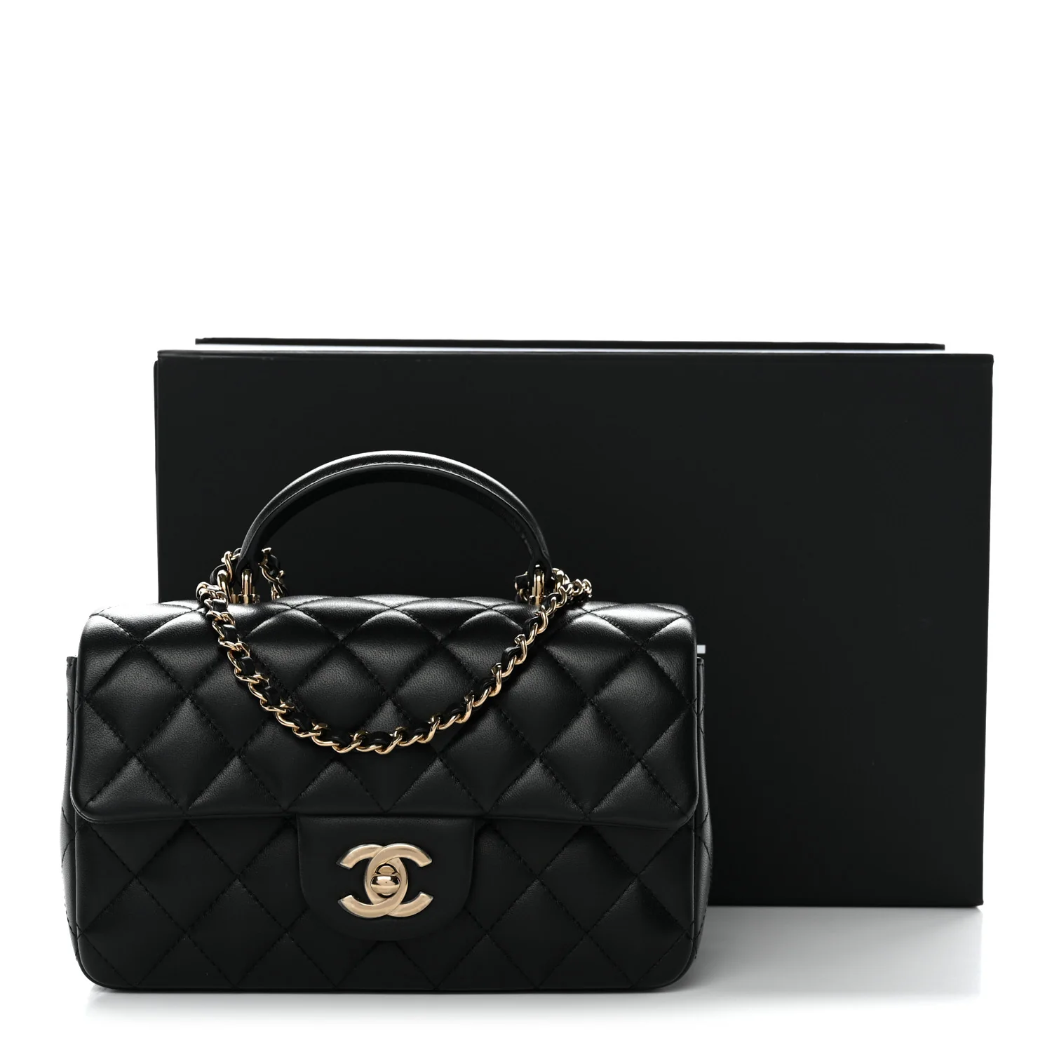 Lambskin Quilted Mini Top Handle Rectangular Flap Black - Image 11