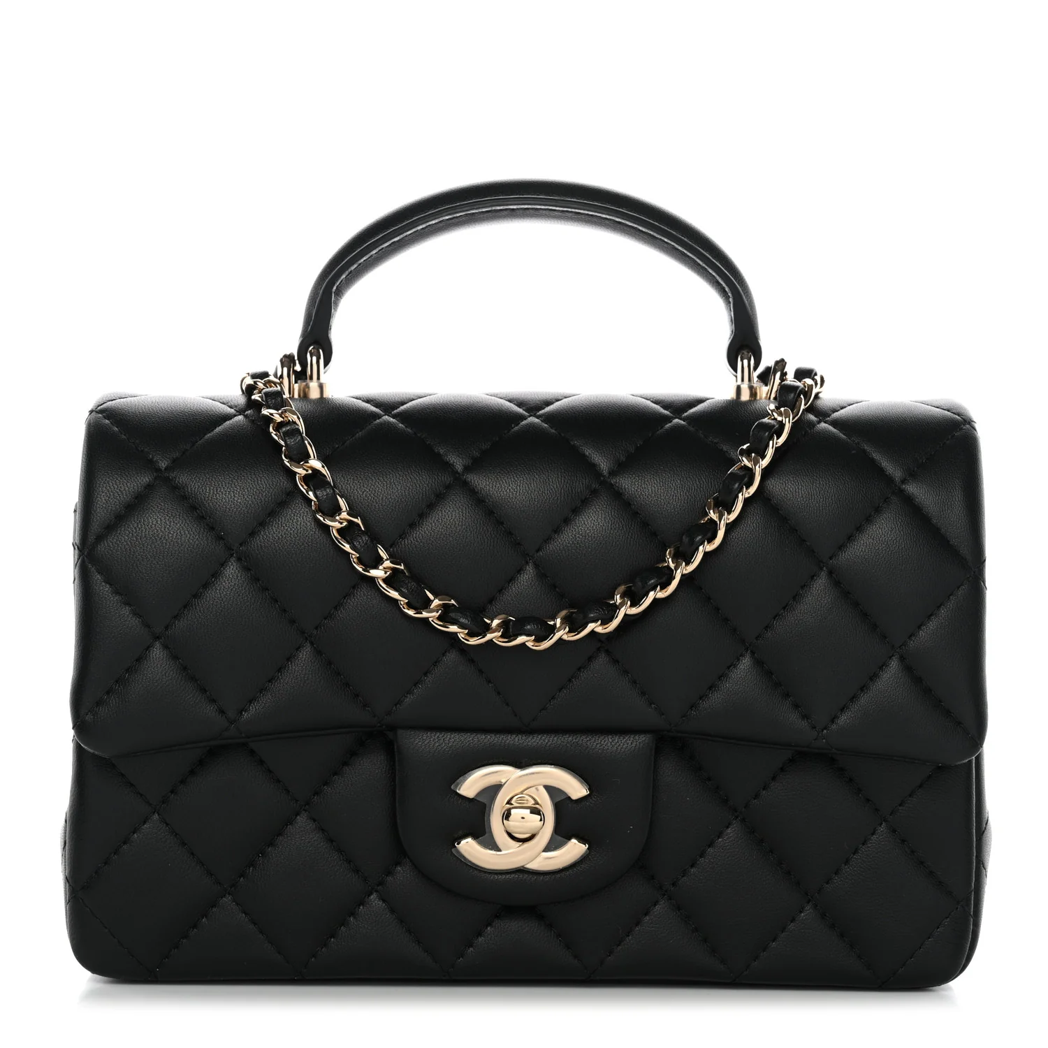 Lambskin Quilted Mini Top Handle Rectangular Flap Black