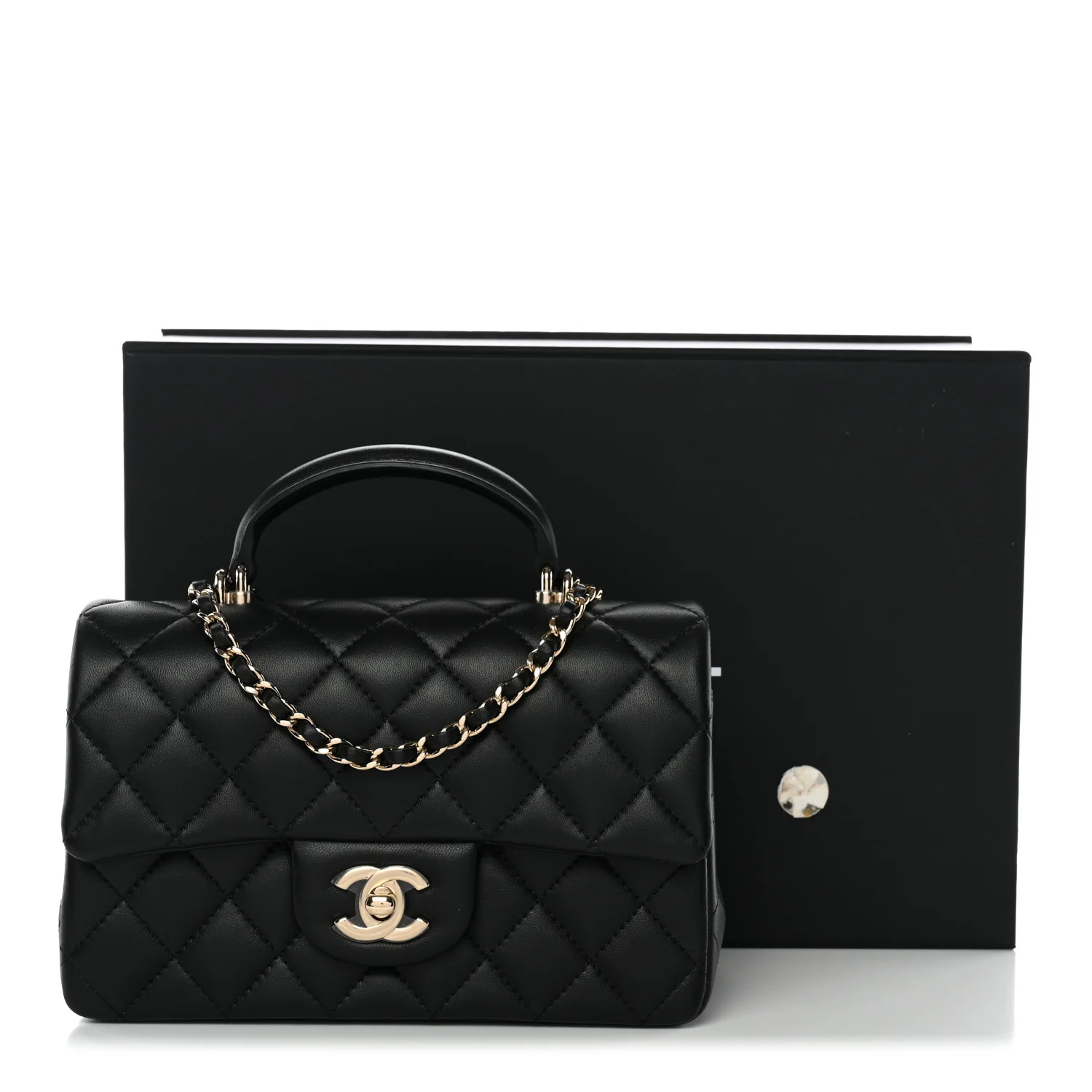 Lambskin Quilted Mini Top Handle Rectangular Flap Black - Image 11