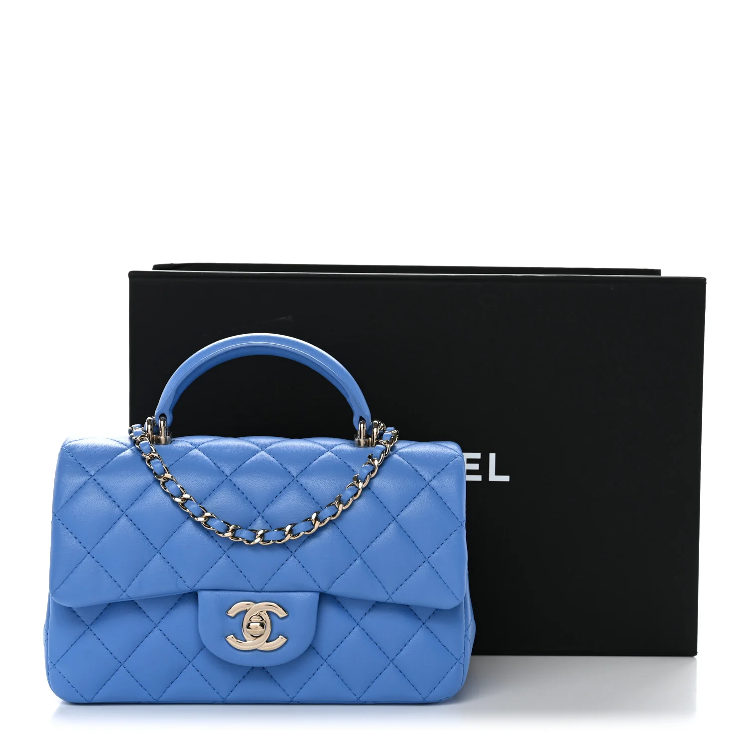 Lambskin Quilted Mini Top Handle Rectangular Flap Blue - Image 11