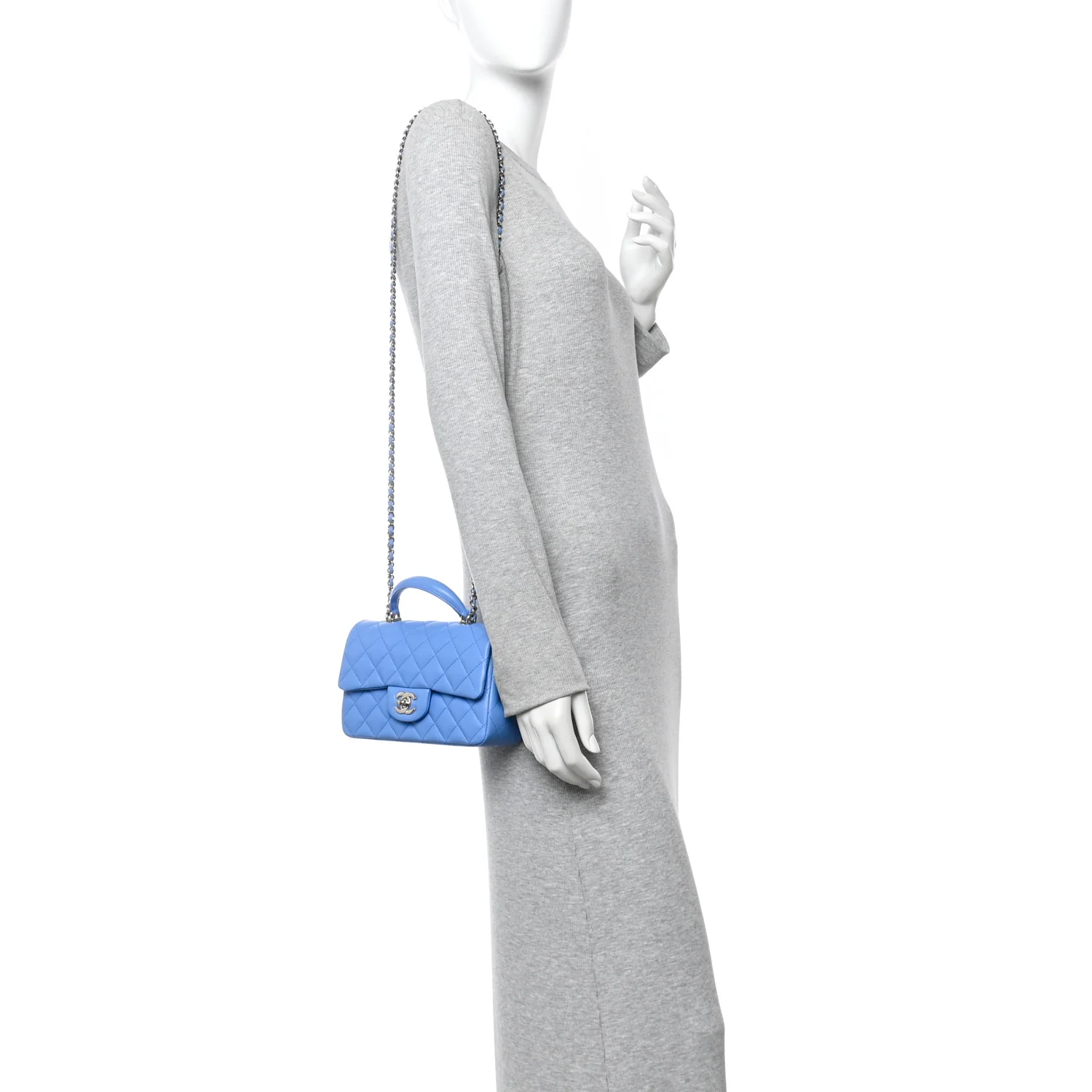 Lambskin Quilted Mini Top Handle Rectangular Flap Blue - Image 2