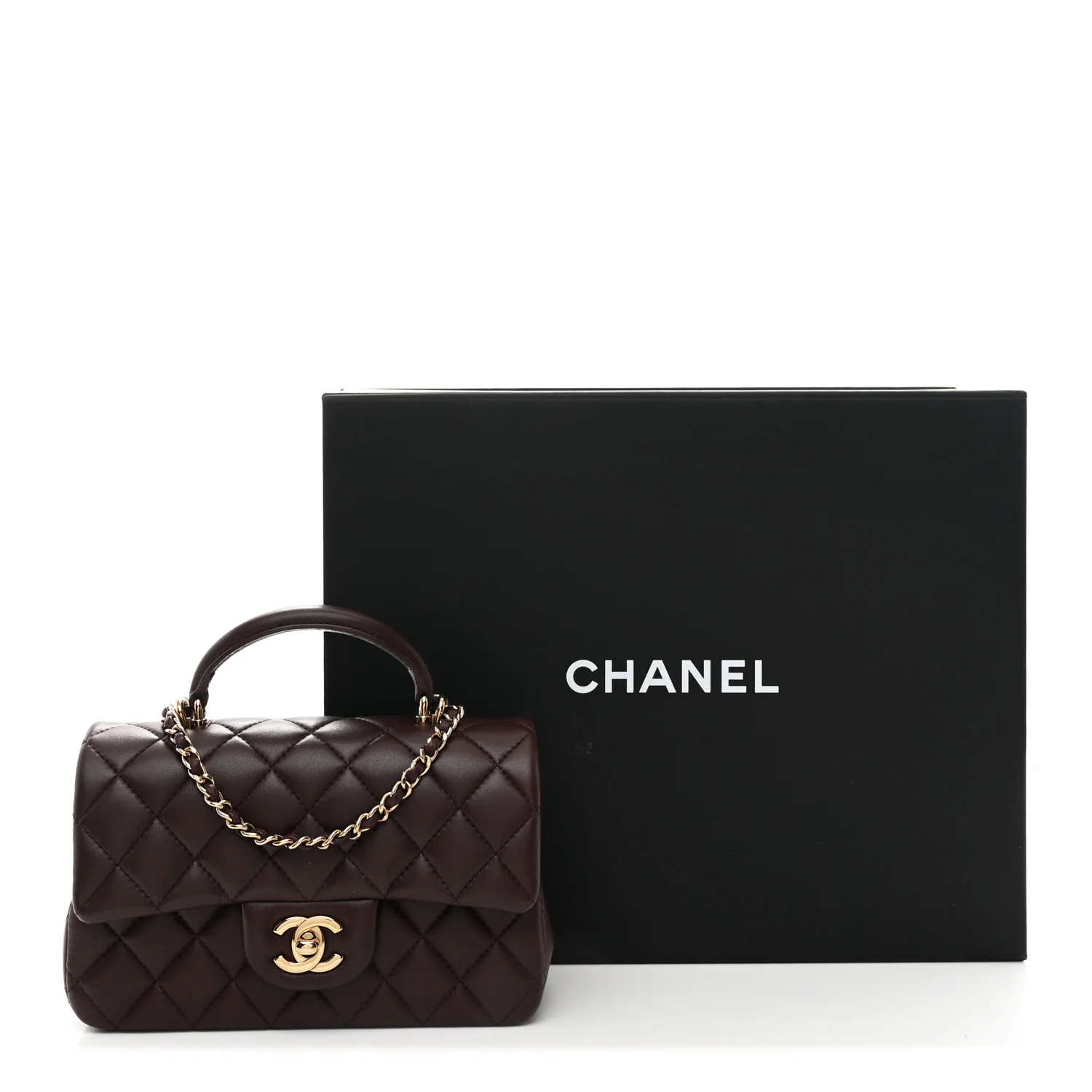 Lambskin Quilted Mini Top Handle Rectangular Flap Dark Brown - Image 11