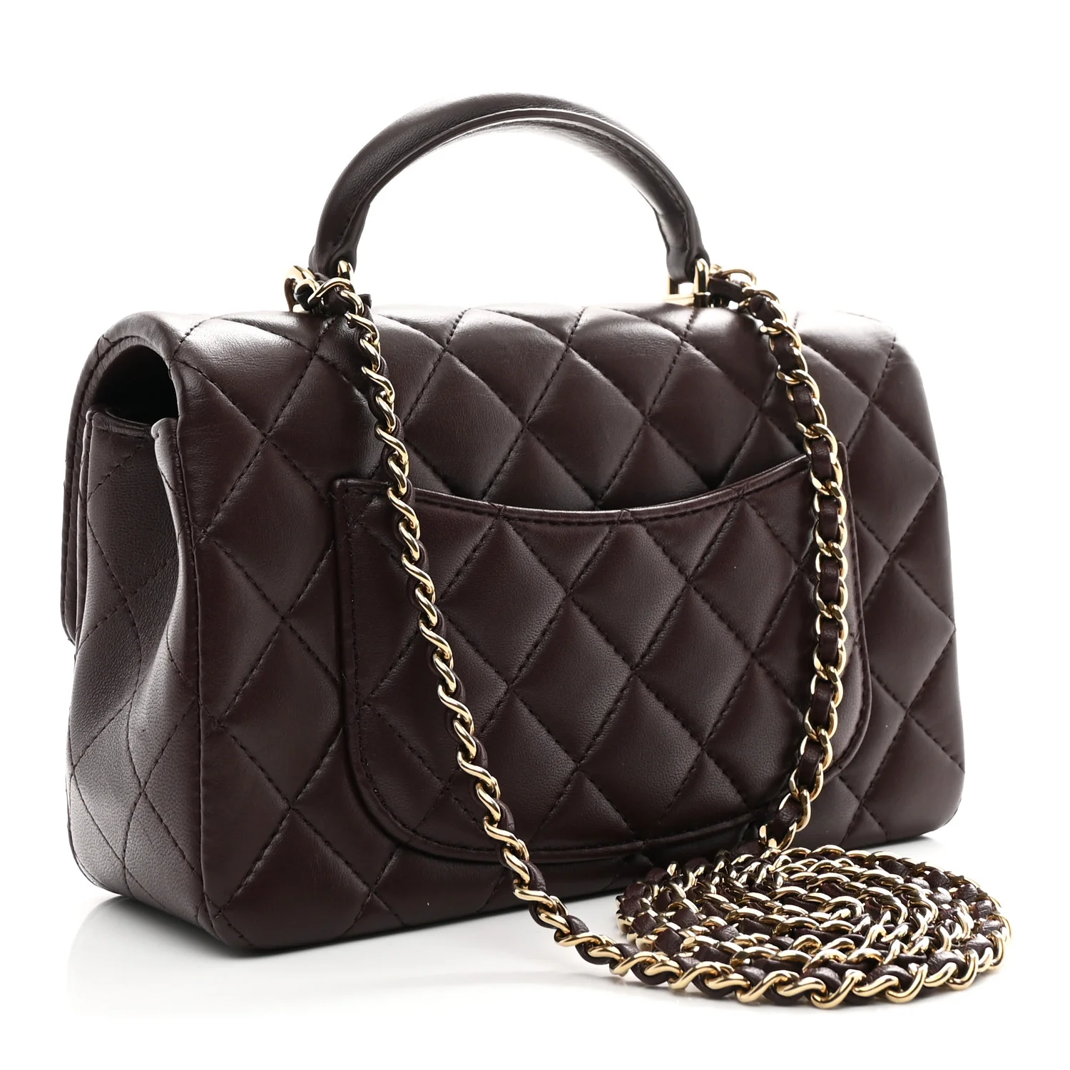 Lambskin Quilted Mini Top Handle Rectangular Flap Dark Brown - Image 3
